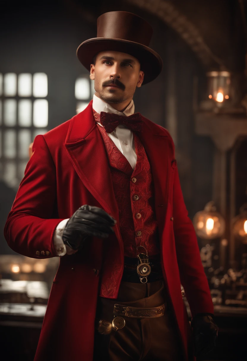 (best quality,ultra-detailed,realistic:1.37),portrait,steampunk,cyberpunk,vibrant colors,detailed clothing,red outfit,gentleman,without beard,short hair,wearing goggles,top hat,bowtie,mechanical accessories,brass accents,leather gloves,background with gears and cogs,industrial setting,soft lighting,smoky atmosphere,expressive eyes,intense gaze,confident expression