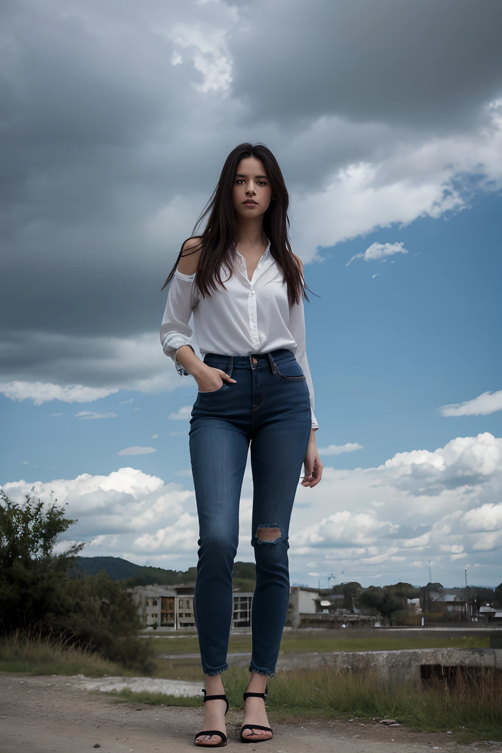 European Woman, look at viewer, long hair, shirt, jeans, cloud, day, sky,outdoors, post-apocalypse, ruins, scenery, tree, water,
