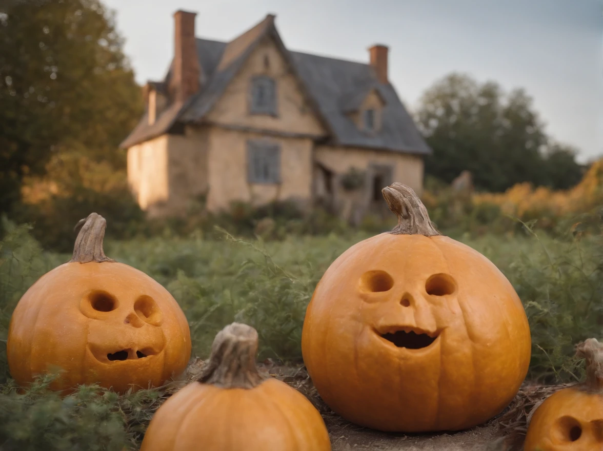 image, 8k, realistic, cinematography,""Describe a scene that features a house full of jacks, built in the shape of a gourd with a hole in the front, near the entrance to the house."