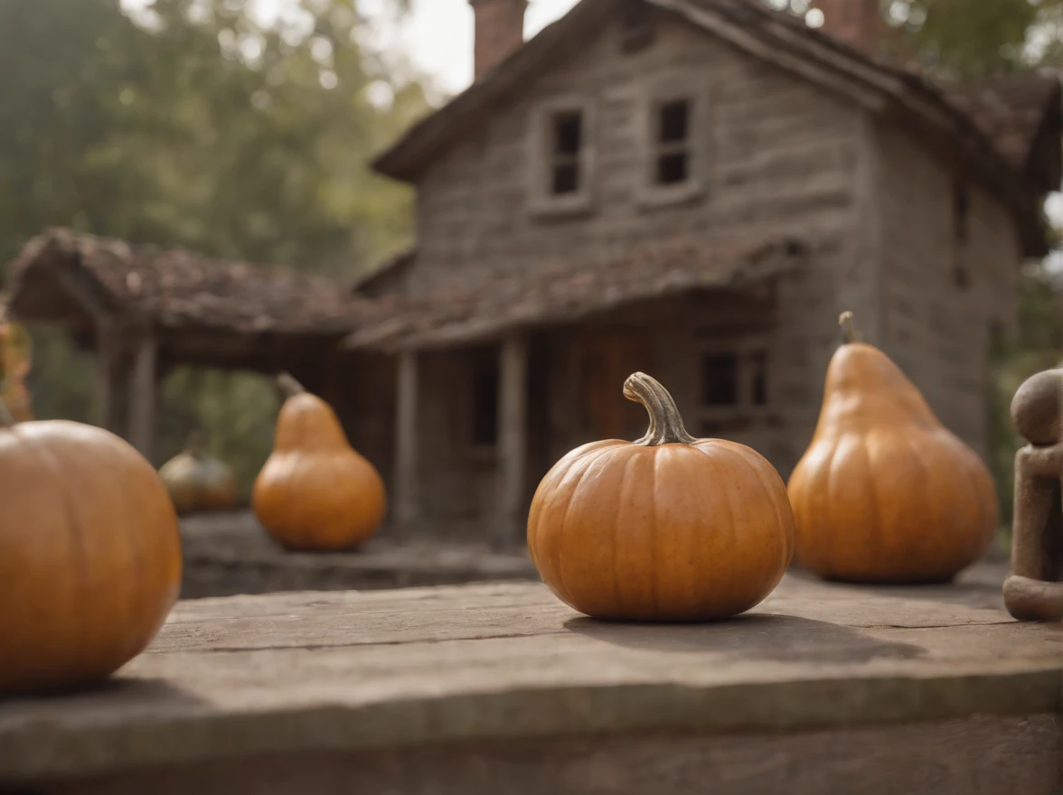 image, 8k, realistic, cinematography,""Describe a scene that features a house full of  jacks, built in the shape of a gourd with a hole in the front, near the entrance to the house."