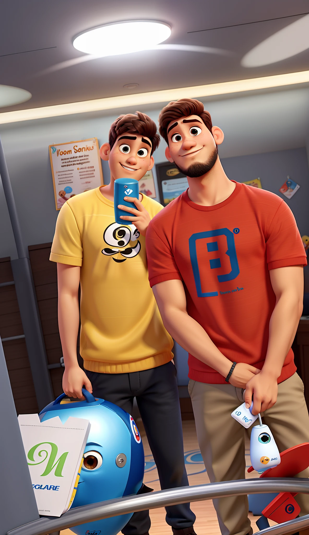 dois homens morenos que namoram, poster estilo pixar