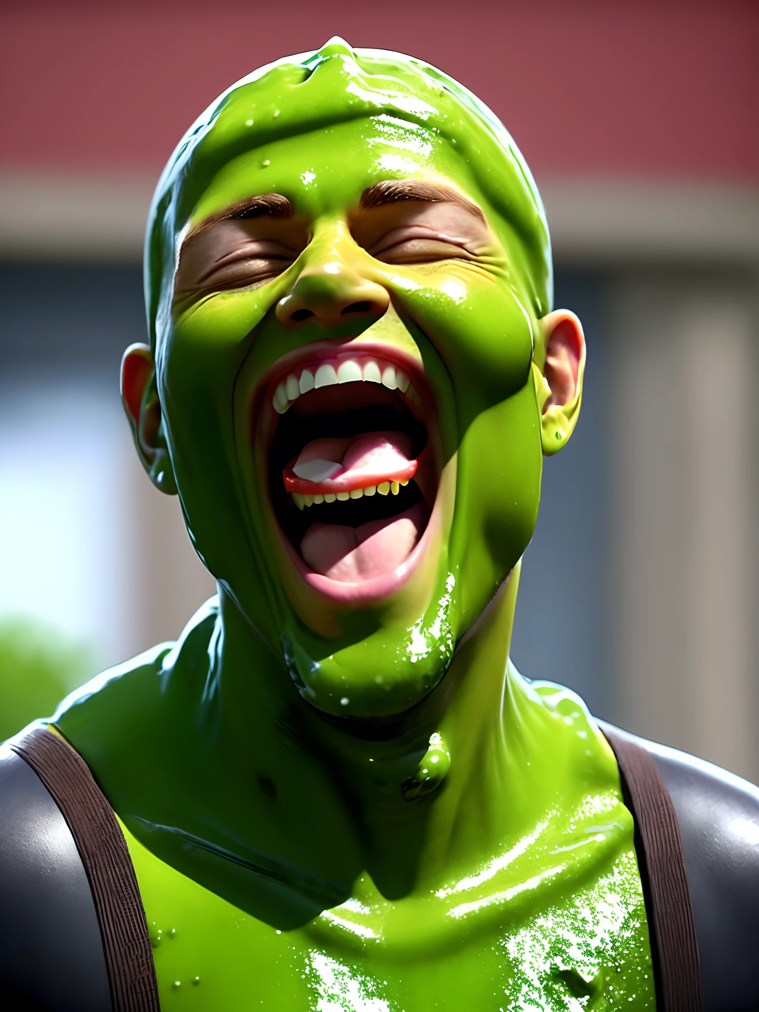 Ryan Reynolds covered in green slime laughing realistic