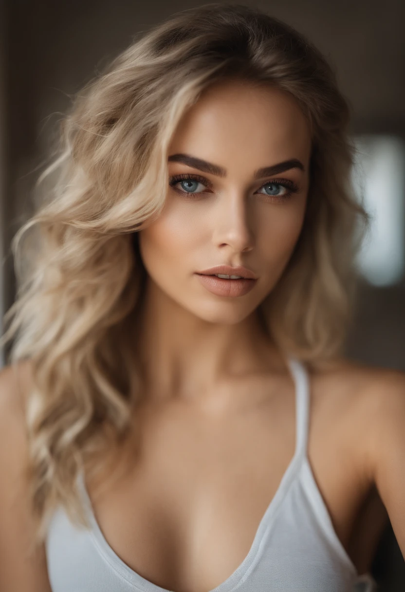 Oman with tank top and matching pants, fille sexy aux yeux bleus, Portrait Sophie Mudd, Portrait de Corinna Kopf, cheveux blonds et grands yeux, selfie of a young woman, ohne Maquillage, maquillage naturel, Look directly into the camera, Visage avec Artgram, dezentes Maquillage, Grande photo du corps entier, dans la chambre, petits seins, Blond, Latin