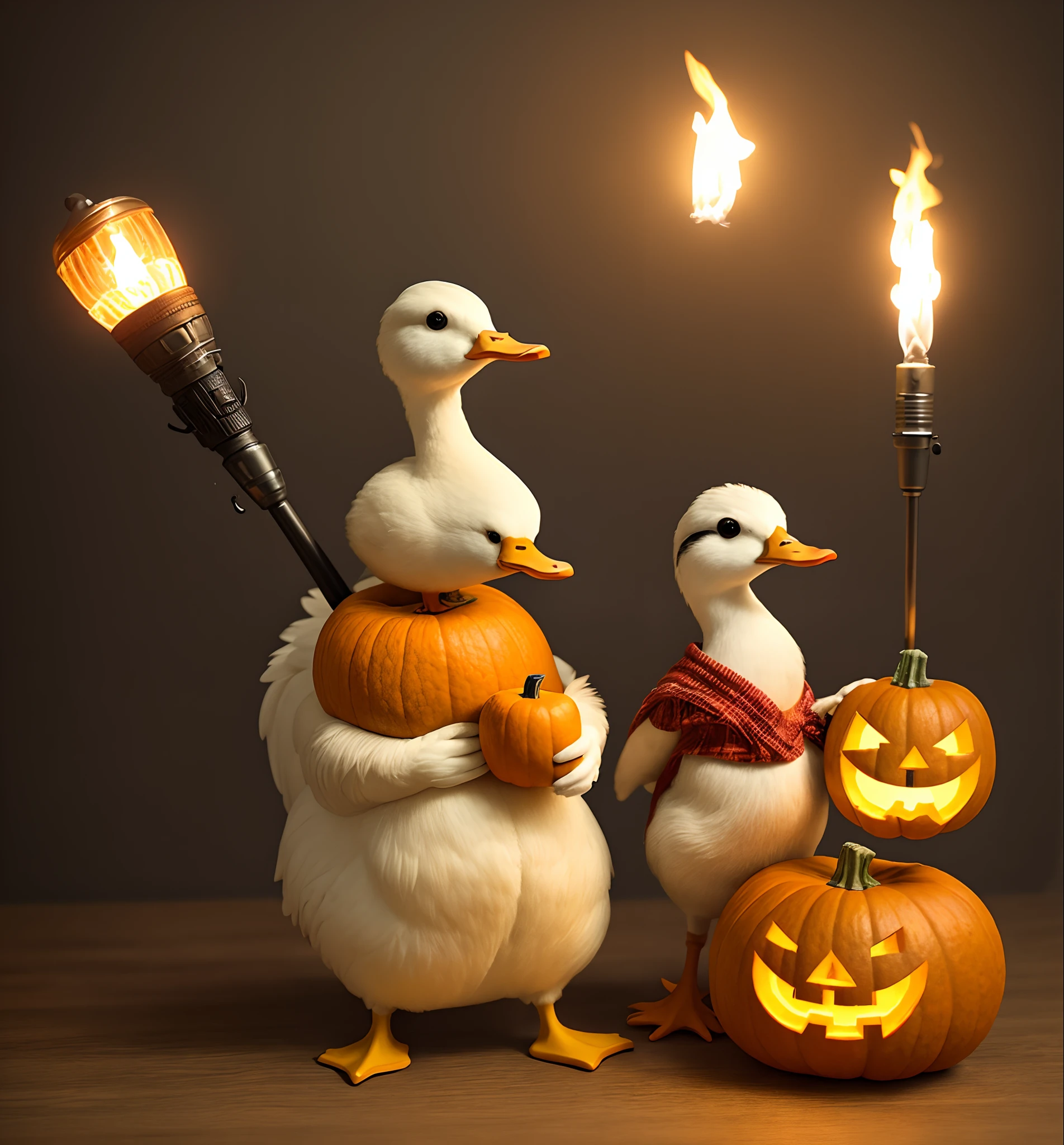 A duck holding a pumpkin in his left hand and a torch in his right hand