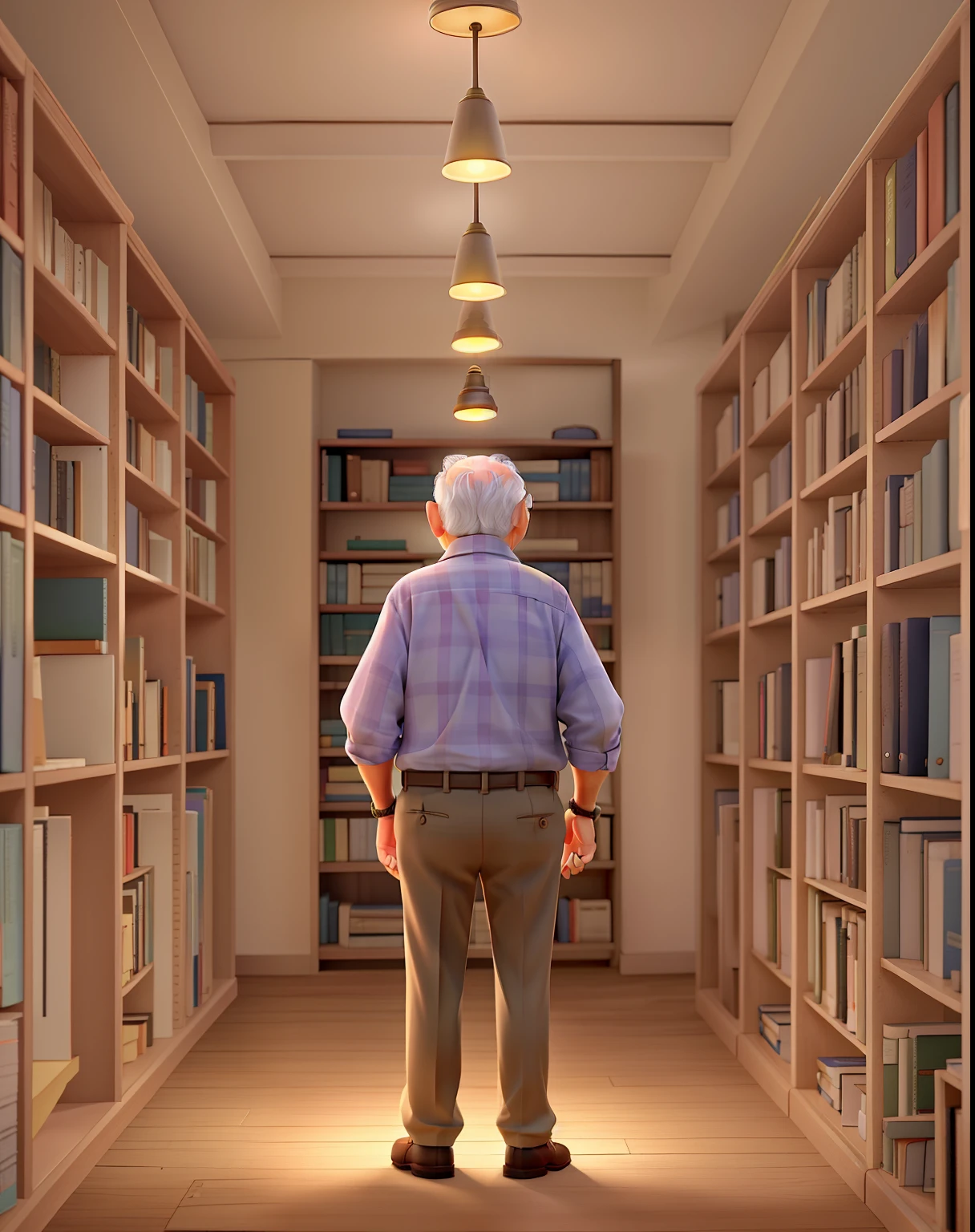 A wise old man standing in front, illuminated by the light of a lamp, against the backdrop of a library