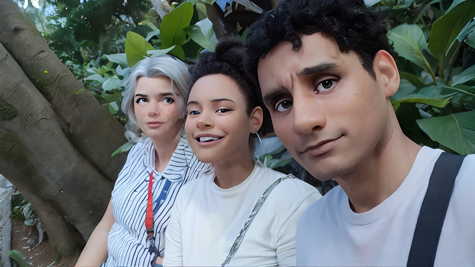 obra-prima, alta qualidade melhor qualidade, cores vivas, Poster estilo Disney Pixar movies, com 3 pessoas na foto, segurando o celular pra tirar a foto no parque, pessoa negra