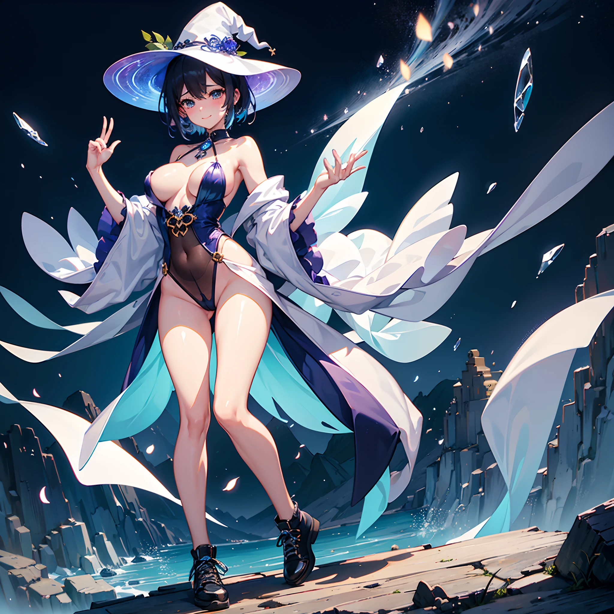 A mystical otherworldly half-timber town、Naked woman standing、beautiful thigh、Beautiful feet、Light blue-purple short hair、She blushed and looked at me with a smile、Black sneakers with white shoelaces、Large witch hat with sapphire accessories、Dark brown eyes with highlights、On a hilltop with a panoramic view of the town、Historic big castle、hiquality、high-level image quality、toppless、bottom less、nudde、A sexy、sexypose、ピース✌️、Spreading legs、Since the legs are open, the female genitalia is visible、Female genitalia are visible、Masturbating