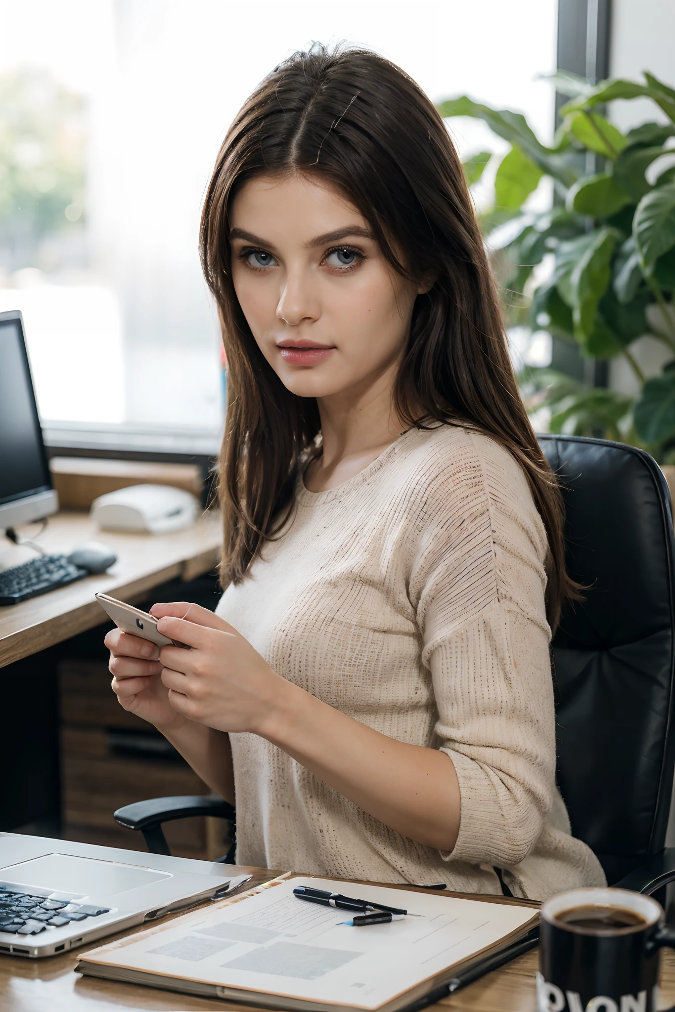 Beautiful girl in the office,profissional,fotorrealista:1.37,ultra-detalhado,studio lighting,office setup,luz natural,Windows,modern office,limpo e organizado,Mesa com computador e papelada,Elegant office attire,confident expression,Penteado caprichado,Brincos,monitor de computador com tela realista,teclado e mouse,estantes organizadas com livros e arquivos,Comfortable Office Chair,office supplies,canetas e cadernos,coffee mug,vista da janela da paisagem urbana,plantas verdes de interior,arte decorativa da parede,paleta de cores neutras,Subtle natural lighting,Crisp and clear image quality,high resolution,cores brilhantes e vibrantes,Sharp focus on girl's face,Efeito bokeh sutil,Realistic texture rendering.