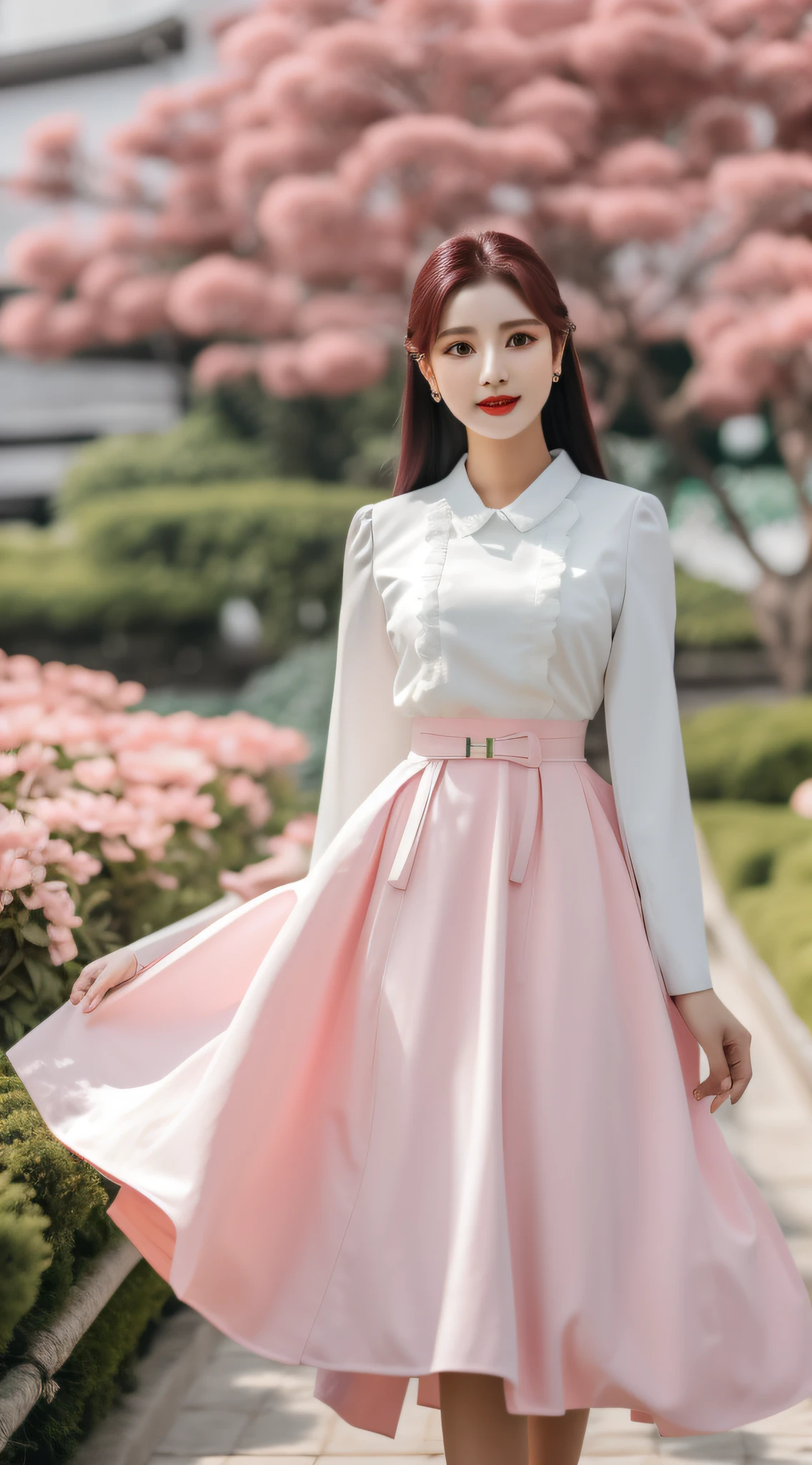 mulher coreana extremamente linda, passeando em um lindo jardim, com roupas na cor rosa e branco