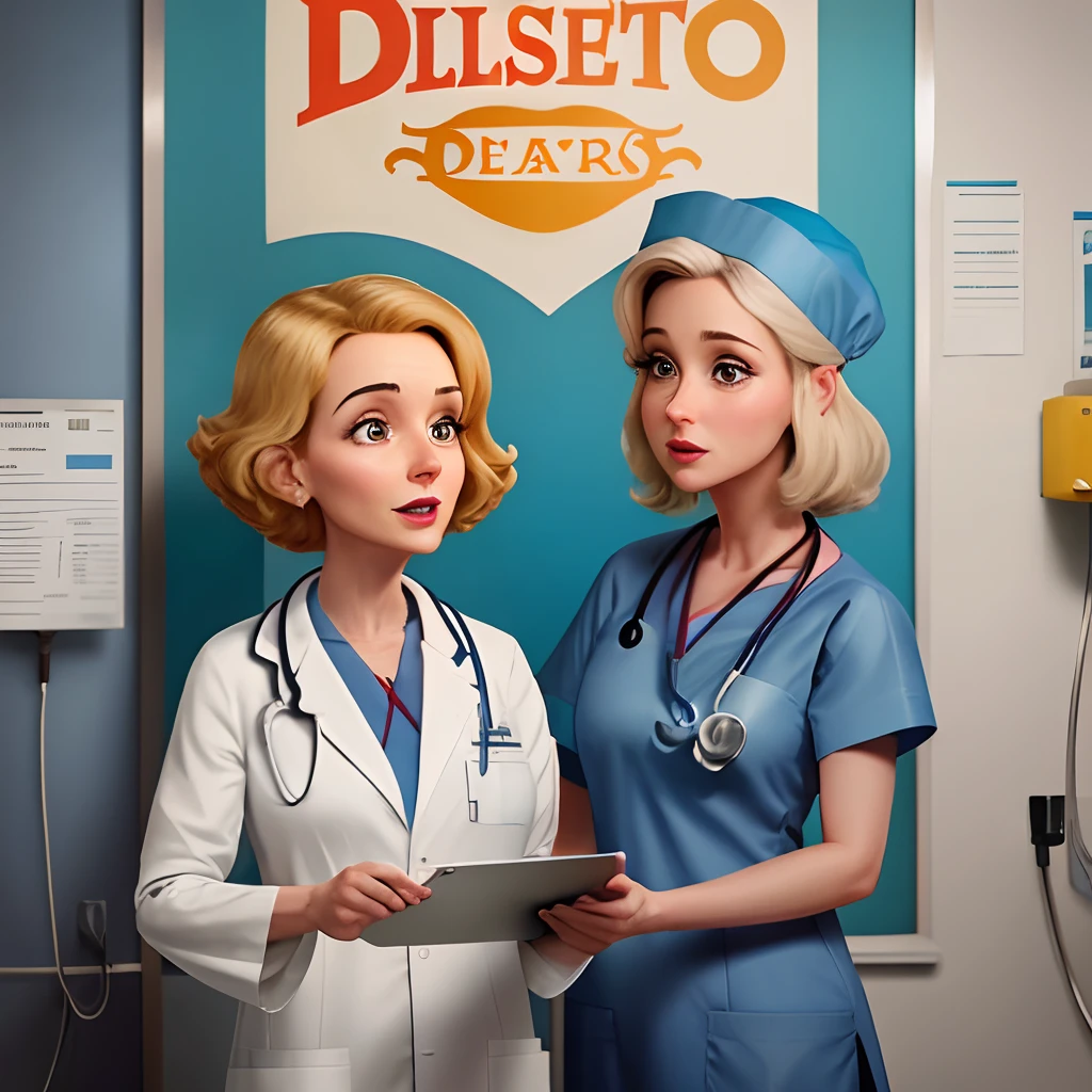 Poster no estilo Disney Pixar de uma mulher loira, cabelo cacheado, olhos esverdeados, doctor and attending to a patient in the hospital