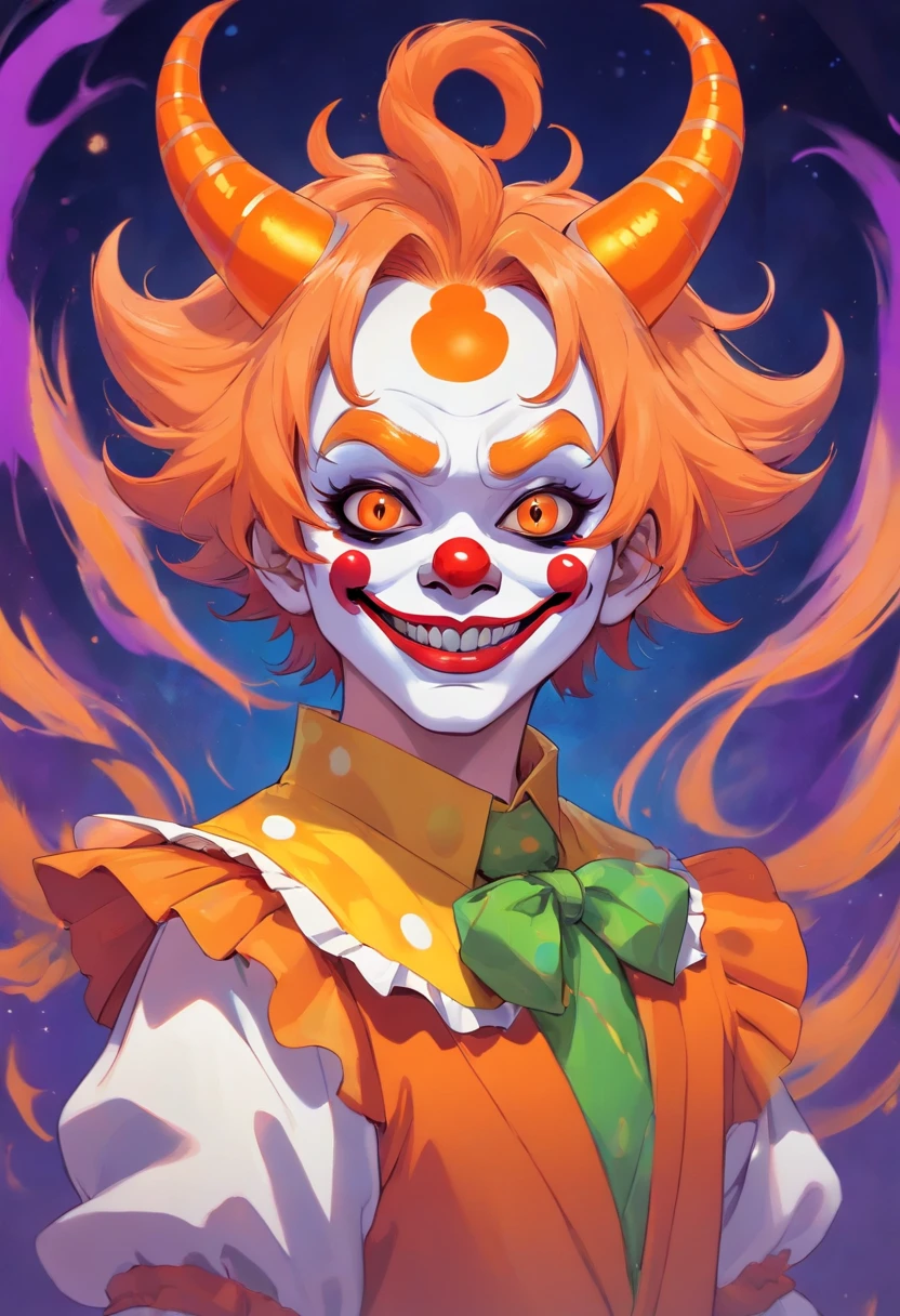 Clown/juggalo makeup, orange horns, gamzee Makara fom homestuck
