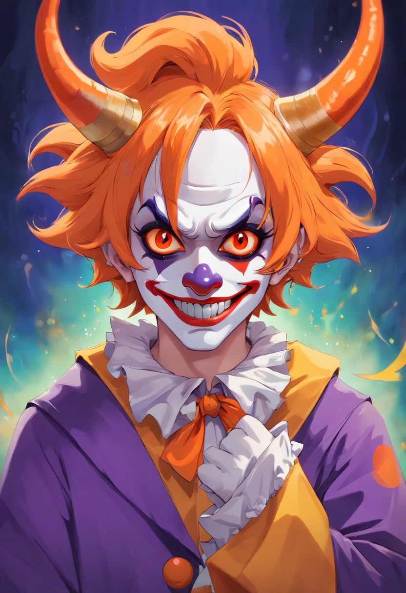 Clown/juggalo makeup, orange horns, gamzee Makara fom homestuck