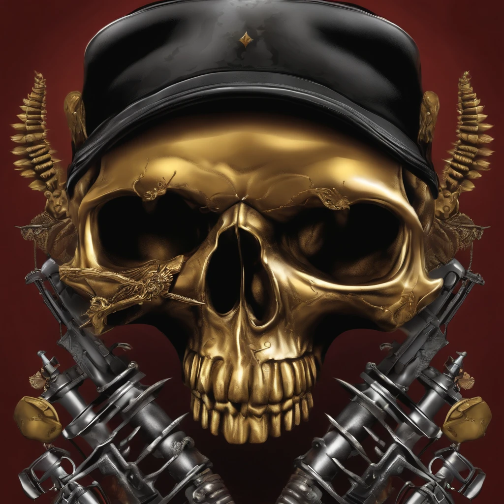 a  skull with cap on it's head, highly detailed dark art, fantasy skull, dark but detailed digital art, adorned with demon skulls, skull design for a rock band, heavy metal tshirt design, of spiked gun of war skulls, heavy metal art style, scary detailed art in color, metal skull with yellow eyes, brutal blooded symmetrical face