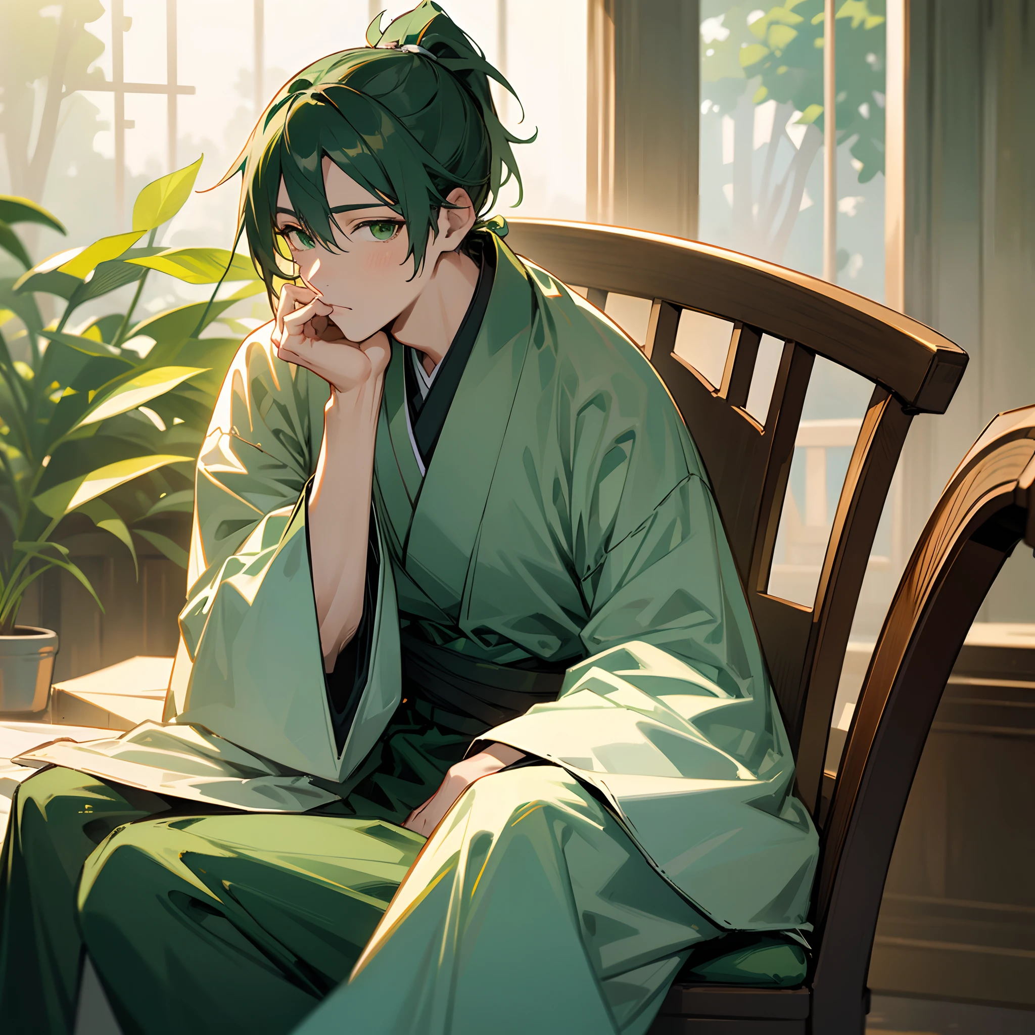 Adult, 1male, long green low ponytail, finely detailed green eyes, village, yukata, sitting in chair