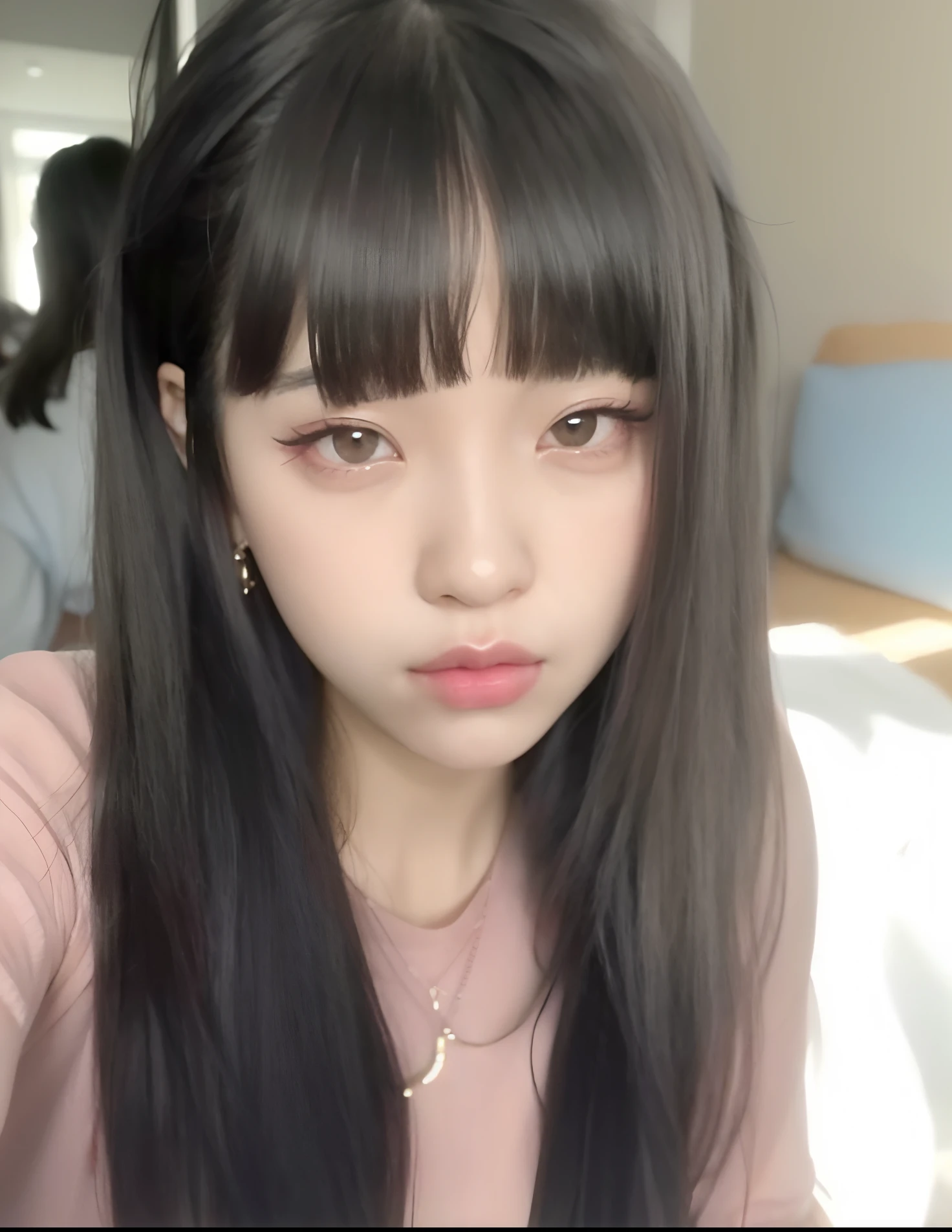 Un primer plano de una mujer con el pelo largo y negro y una camisa rosa, cruel korean goth girl, Ella tiene el pelo negro con flequillo, ojos rojos y una cara delgada, con ojos rojos brillantes, Flequillo contundente cae sobre su frente, ulzzang, her face looks like an orchid, Wan adorable cara coreana, Ella tiene una cara linda, El Corte Hime
