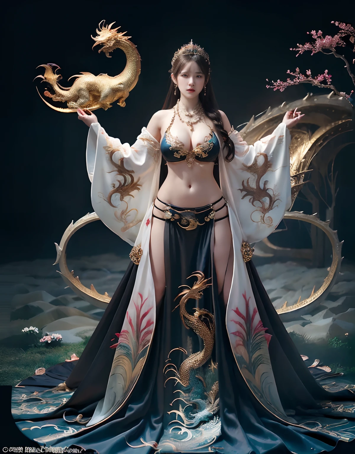 (Fight fiercely with dragons)、top-quality、​masterpiece、超A high resolution、（White Dragon Armor）、(((Colossal tits))),(((Variety of hairstyles))、(((Take different poses))),(Wearing a beautiful crown made of jewels),(Photorealsitic:1.4)、Raw photo、1人、Golden hair、glowy skin、(((Japan Dragon)))、(((maikurobikini))),（Gorgeous Jewelry Necklaces）、（Mystical expression）、（Full Body Angle）、（Fight big dragons）、A dark-haired、poneyTail、With a beautiful knife、（Detailed Blue Metal Bikini）、(Detailed and beautiful flower garden)、Precipitous cliffs、(Castle background)、((super realistic details))、portlate、globalillumination、（sexypose）、Shadow、octan render、（Random hair）、8K、ultrasharp、Colossal tits、Raw skin is exposed in cleavage、metals、Details of complex ornaments、Japan details、highly intricate detail、Realistic light、CGSoation Trends、Blue eyes、radiant eyes、Facing the camera、Precipitous cliffs、Toostock、（Full Body Angle）、（veils）、(((Heavy Big))),