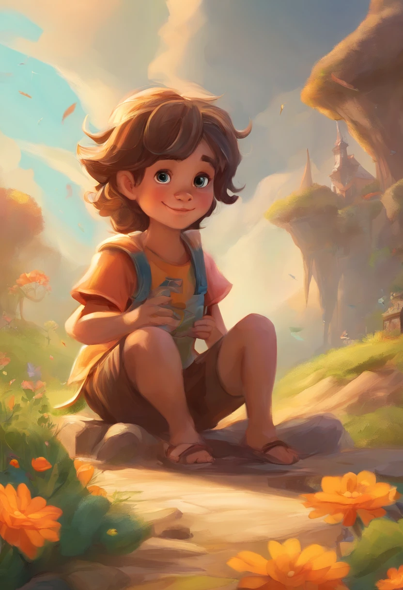 (Foco lateral), arte de fantasia, Estilo 3D Pixar, art-station, Volumetric lighting, Rostos muito detalhados, 4 mil, beige shorts, camiseta branca, A 5-year-old boy sitting sideways on the floor with his legs crossed, sorridente, mostrando surpresa, e olhando para a sua frente, cabelos castanhos claros