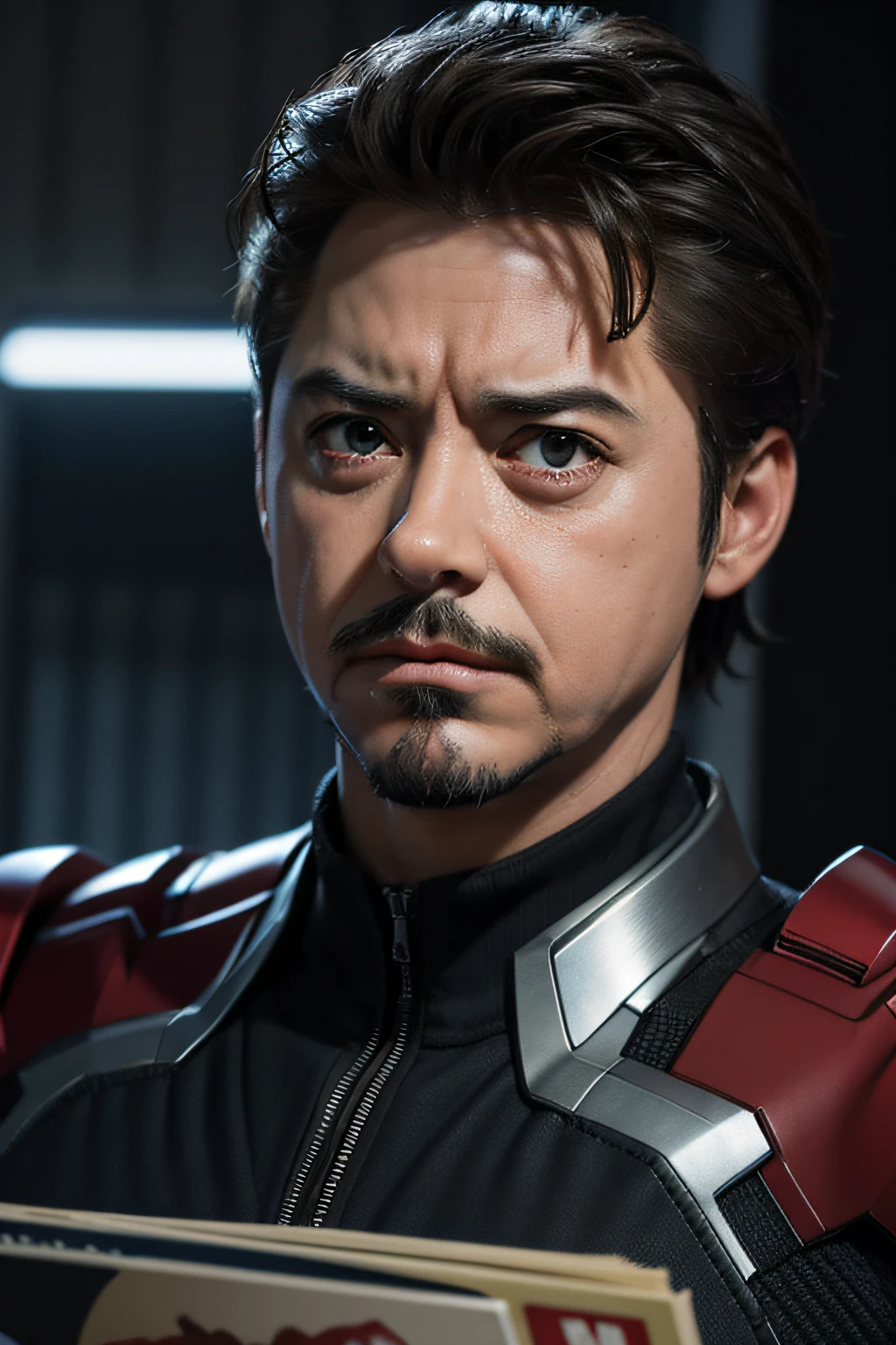 beste-Qualit, tmasterpiece, (photorealestic:1.4), Tony Stark, bristle, sorrow, sad Tony Stark with stubble, Tired look, Comic book version, comics