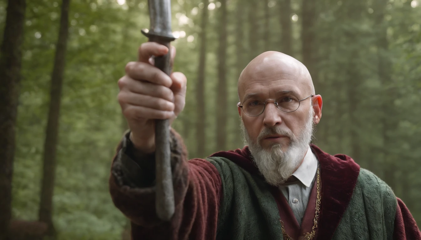(best quality,4k,8k,highres,masterpiece:1.2),ultra-detailed,(realistic,photorealistic,photo-realistic:1.37), movie poster, 3D photo, white male, green eyes, bald head, partially-gray beard, glasses, realistic hands, poster, photo, fantasy, wizard, magic, magical wand, Hogwarts school, Gryffindor, shadows, mysterious, atmospheric lighting, dramatic angle, special effects, enchanted atmosphere, dark background, mystical, epic, adventure, thriller, intense, action-packed.