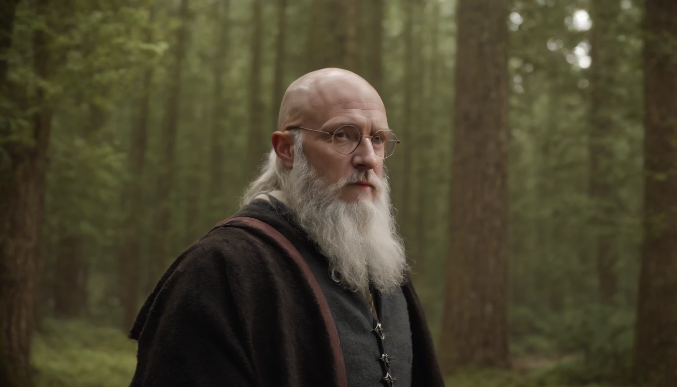 (best quality,4k,8k,highres,masterpiece:1.2),ultra-detailed,(realistic,photorealistic,photo-realistic:1.37), movie poster, 3D photo, white male, green eyes, bald head, partially-gray beard, glasses, realistic hands, poster, photo, fantasy, wizard, magic, magical wand, Hogwarts school, Gryffindor, shadows, mysterious, atmospheric lighting, dramatic angle, special effects, enchanted atmosphere, dark background, mystical, epic, adventure, thriller, intense, action-packed.