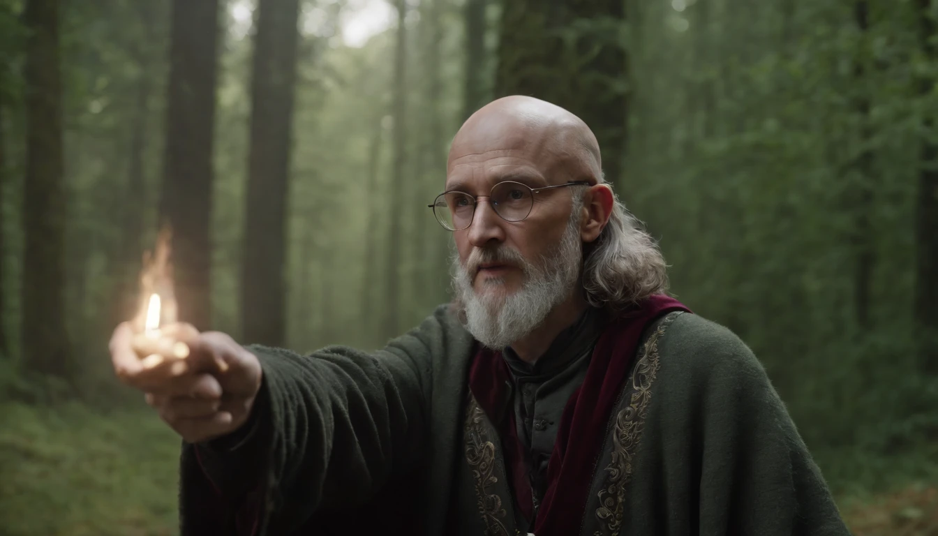 (best quality,4k,8k,highres,masterpiece:1.2),ultra-detailed,(realistic,photorealistic,photo-realistic:1.37), movie poster, 3D photo, white male, green eyes, bald head, partially-gray beard, glasses, realistic hands, poster, photo, fantasy, wizard, magic, magical wand, Hogwarts school, Gryffindor, shadows, mysterious, atmospheric lighting, dramatic angle, special effects, enchanted atmosphere, dark background, mystical, epic, adventure, thriller, intense, action-packed.