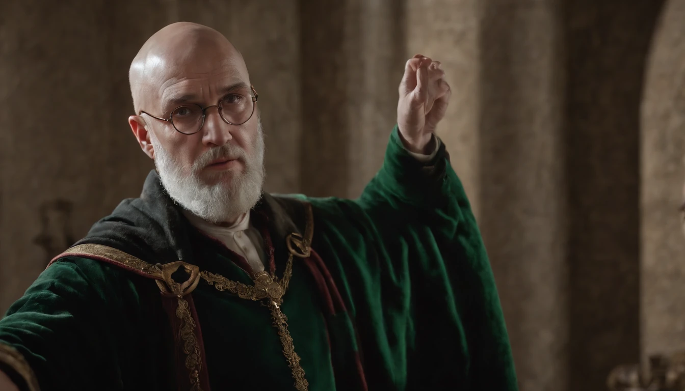 (best quality,4k,8k,highres,masterpiece:1.2),ultra-detailed,(realistic,photorealistic,photo-realistic:1.37), movie poster, 3D photo, white male, green eyes, bald head, partially-gray beard, glasses, realistic hands, poster, photo, fantasy, wizard, magic, magical wand, Hogwarts school, Gryffindor, shadows, mysterious, atmospheric lighting, dramatic angle, special effects, enchanted atmosphere, dark background, mystical, epic, adventure, thriller, intense, action-packed.