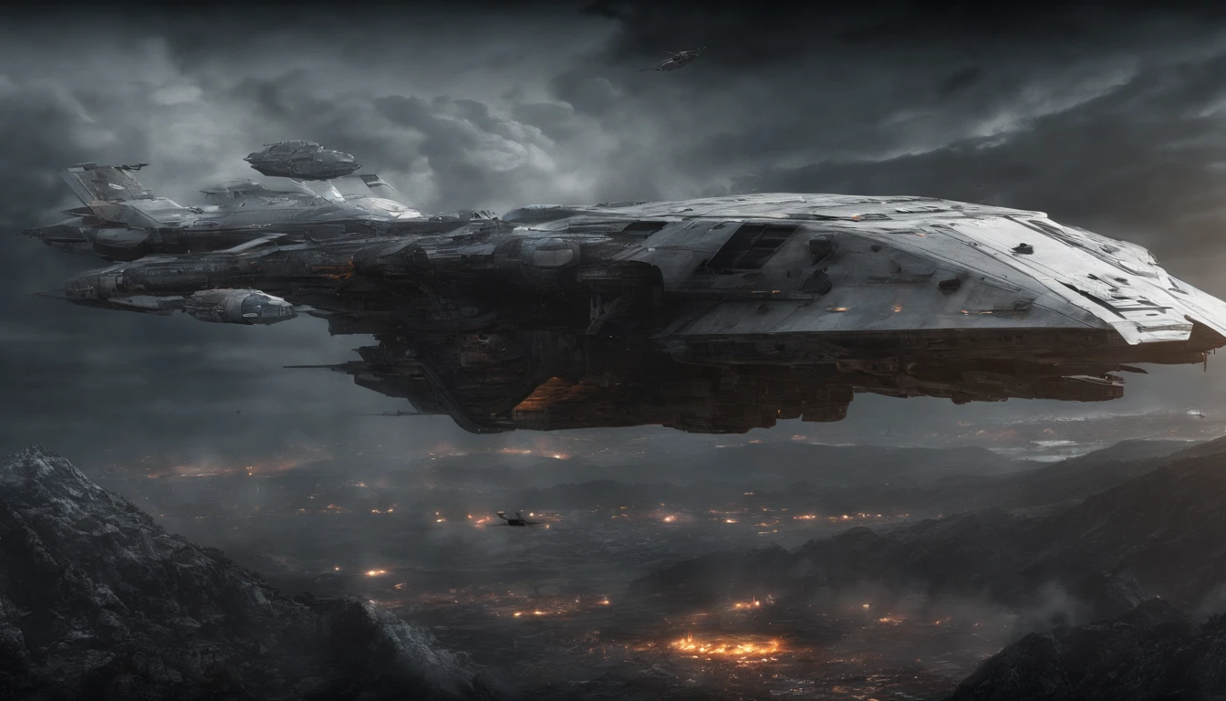 (scifi art:1.5), Post-apocalyptic sci-fi world, (Ciudad voladora:1.7), a ((( DARK world post acalyptic ))),panoramic background , cinematic scene, behind in space , skull , spaceships flying, in sky ((( far f14 aircrafts white and gray camouflage ,in lot of fire and smoke ))) extremely detailed cinematic scene, , 4k, max quality, max resolution, cinematic, 8k, epic 8k, (Extremo Detallado 8.5, highest detailed), HDR, Realism, Epic, (masterpiece, best quality, ultra realistic, 32k, detail skin, 8k uhd, dslr, high quality.,more detail XL (El enorme mecanismo arroja humo:1.3), panorama view, nubes de humo, Nubosidad oscura, (Obra maestra), (vivid colors:1.6)