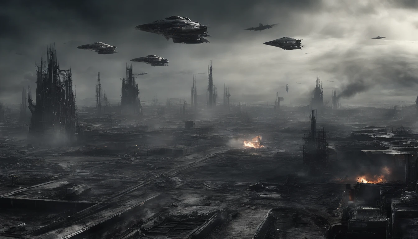 (scifi art:1.5), Post-apocalyptic sci-fi world, (Ciudad voladora:1.7), a ((( DARK world post acalyptic ))),panoramic background , cinematic scene,  behind in space , skull , spaceships  flying, in sky ((( far f14 aircrafts white and gray camouflage ,in lot of fire and smoke ))) extremely detailed cinematic scene, , 4k, max quality, max resolution, cinematic, 8k, epic 8k, (Extremo Detallado 8.5, highest detailed), HDR, Realism, Epic, (masterpiece, best quality, ultra realistic, 32k, detail skin, 8k uhd, dslr, high quality.,more detail XL (El enorme mecanismo arroja humo:1.3), panorama view, nubes de humo, Nubosidad oscura, (Obra maestra), (vivid colors:1.6)