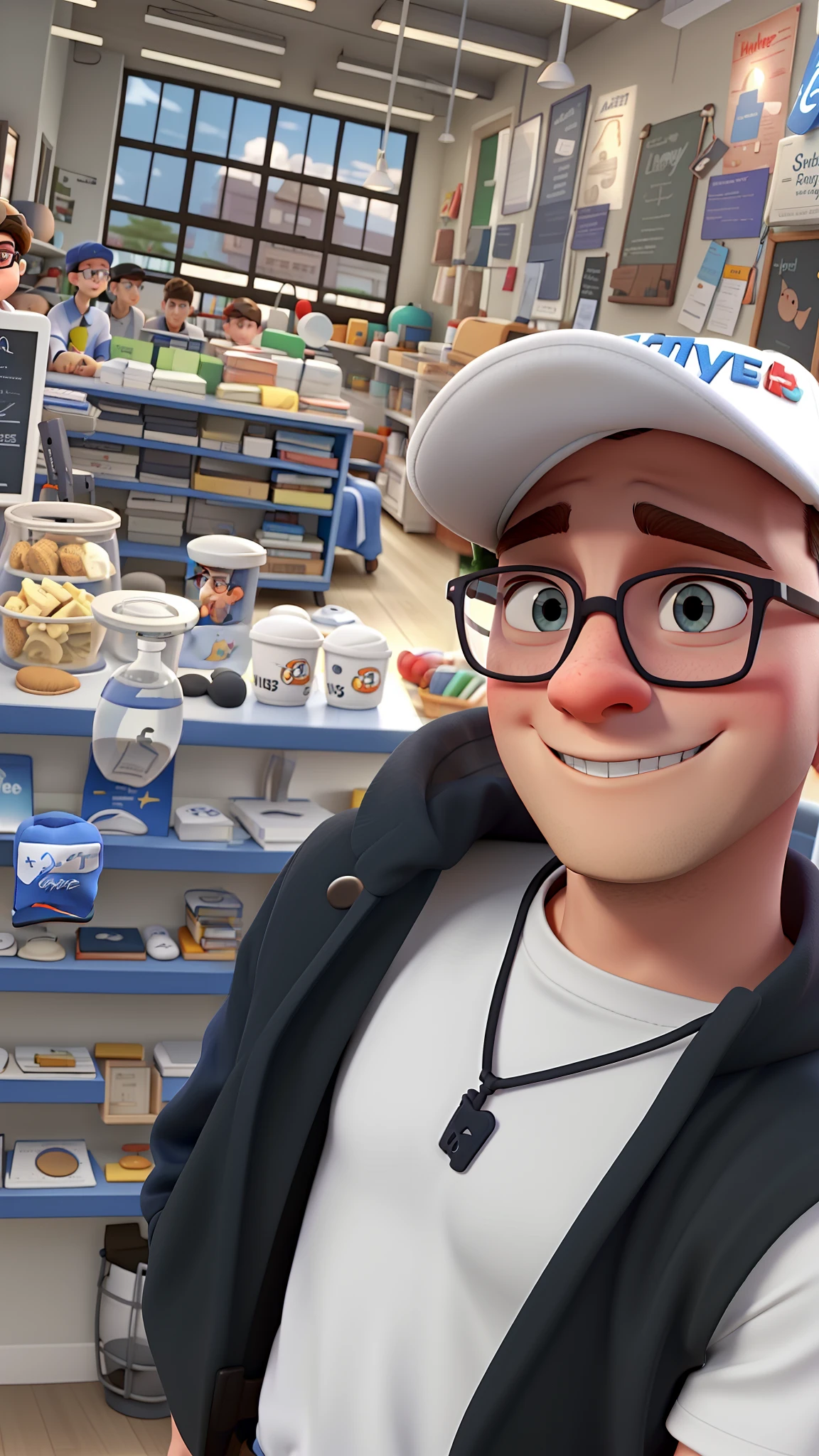 A white boy with glasses and a Disney Pixar style cap, high quality, best quality