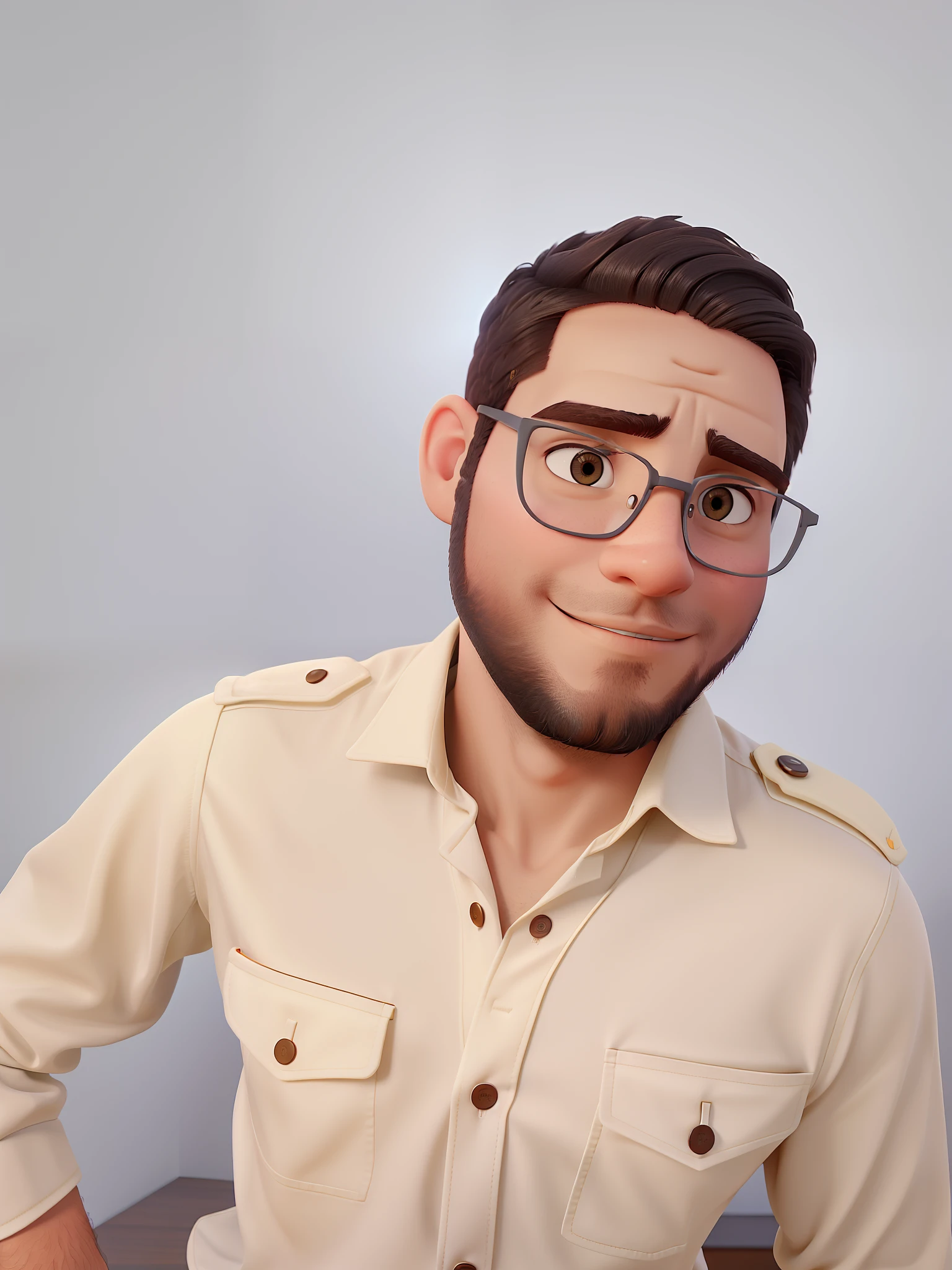 Um homem jovem parado na frente, illuminated by the light of a lamp, contra o pano de fundo cinza usando camisa amarela.