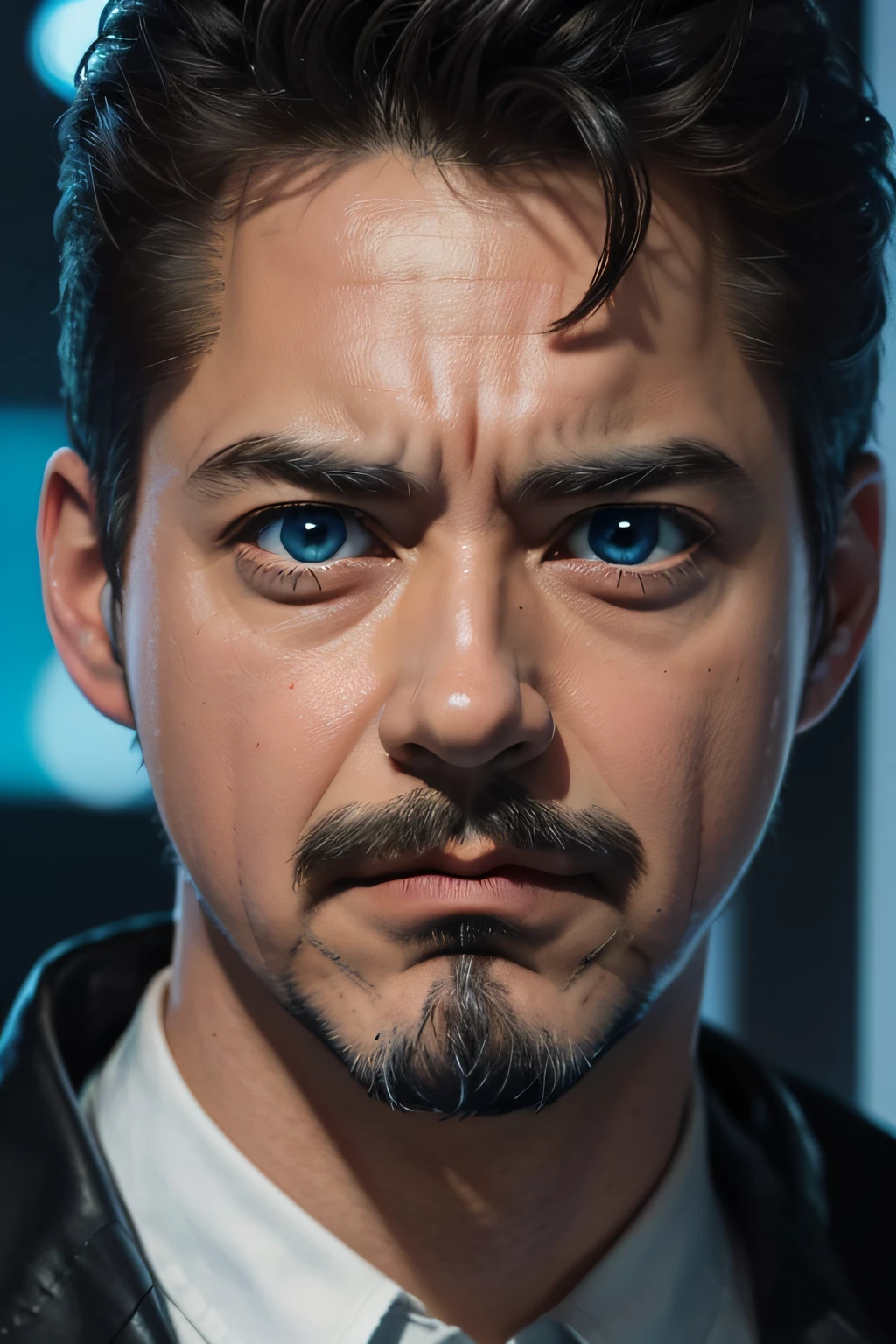 beste-Qualit, tmasterpiece, (photorealestic:1.4), Tony Stark, bristle, sorrow, sad Tony Stark with stubble, Tired look, Tony Stark with blue eyes, Cyan eyes
