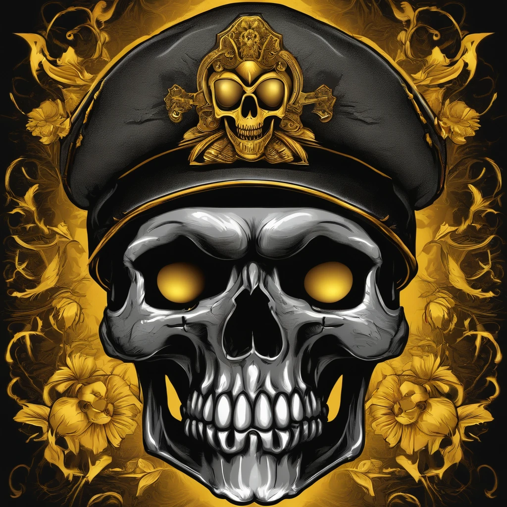 a baby skull with cap on it's head vector,detailed digital art, adorned with demon skulls, skull design for a cute poster, heavy metal tshirt design, of gun of war skulls, scary detailed art in color, metal skull with yellow eyes, brutal blooded symmetrical face