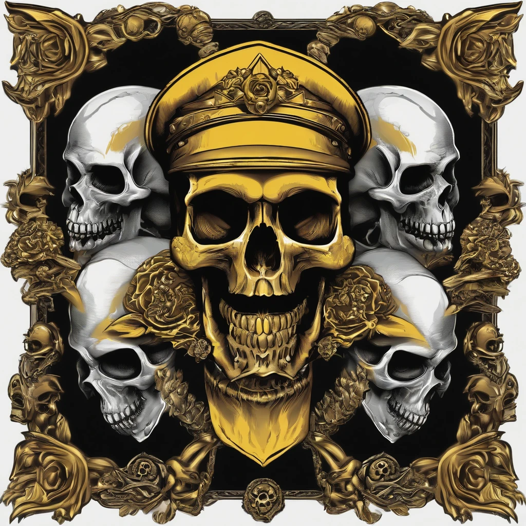 a skull with cap on it's head vector,detailed digital art, adorned with demon skulls, skull design for a cute poster, heavy metal tshirt design, of gun of war skulls, scary detailed art in color, metal skull with yellow eyes, brutal blooded symmetrical face
