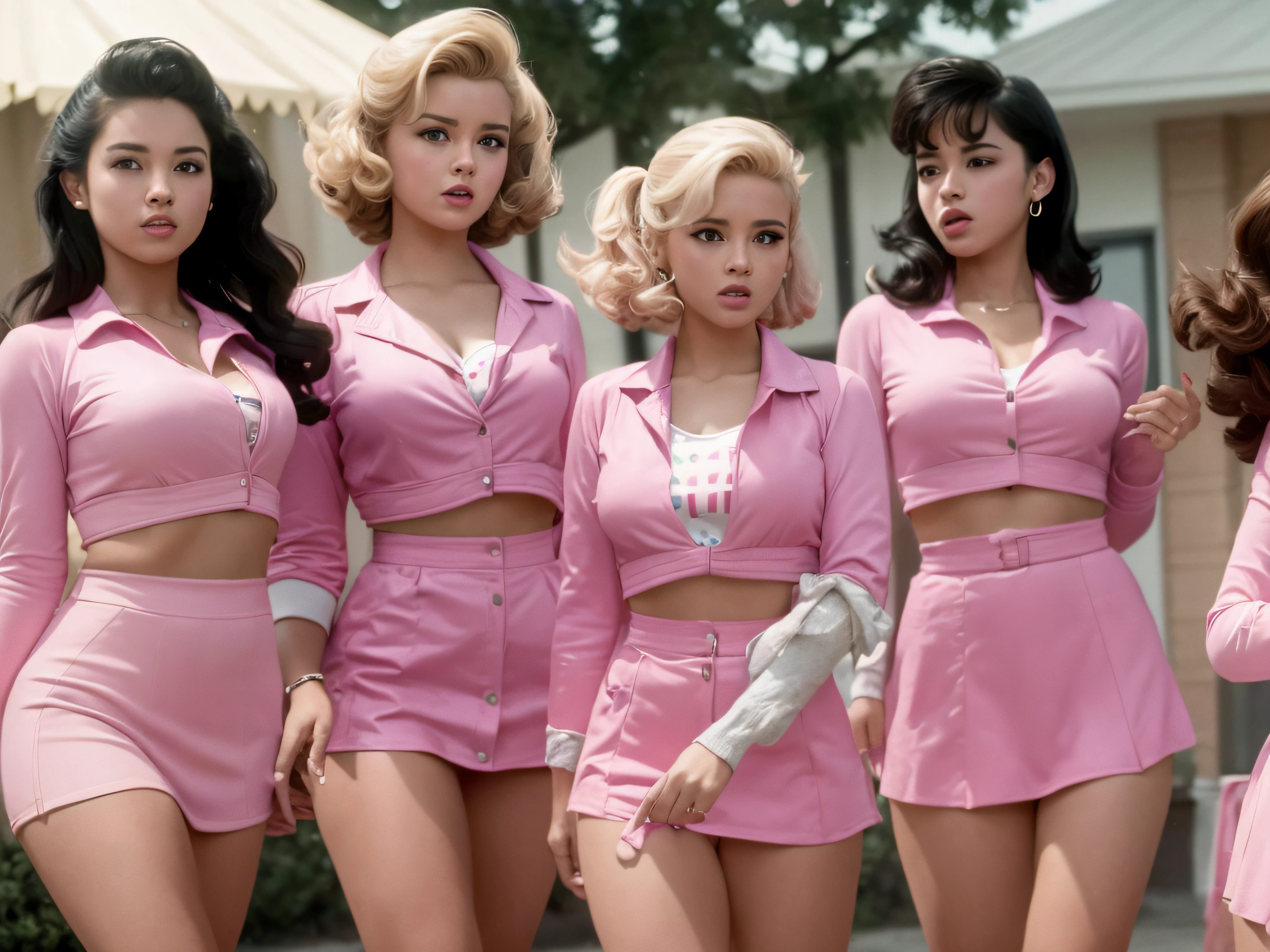 Rydell High School, 1955, Five beautiful girls wearing pink jackets holding pink light sabers, (best quality,4k,8k,highres,masterpiece:1.2),ultra-detailed,(realistic,photorealistic,photo-realistic:1.37)