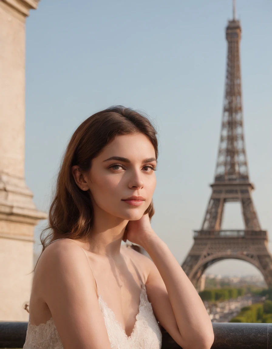 femme (femelle) Attractive near the Eiffel Tower, cheveux noir, pose attrayante, Sun behind, Vue attrayante,Prise de vue bien
