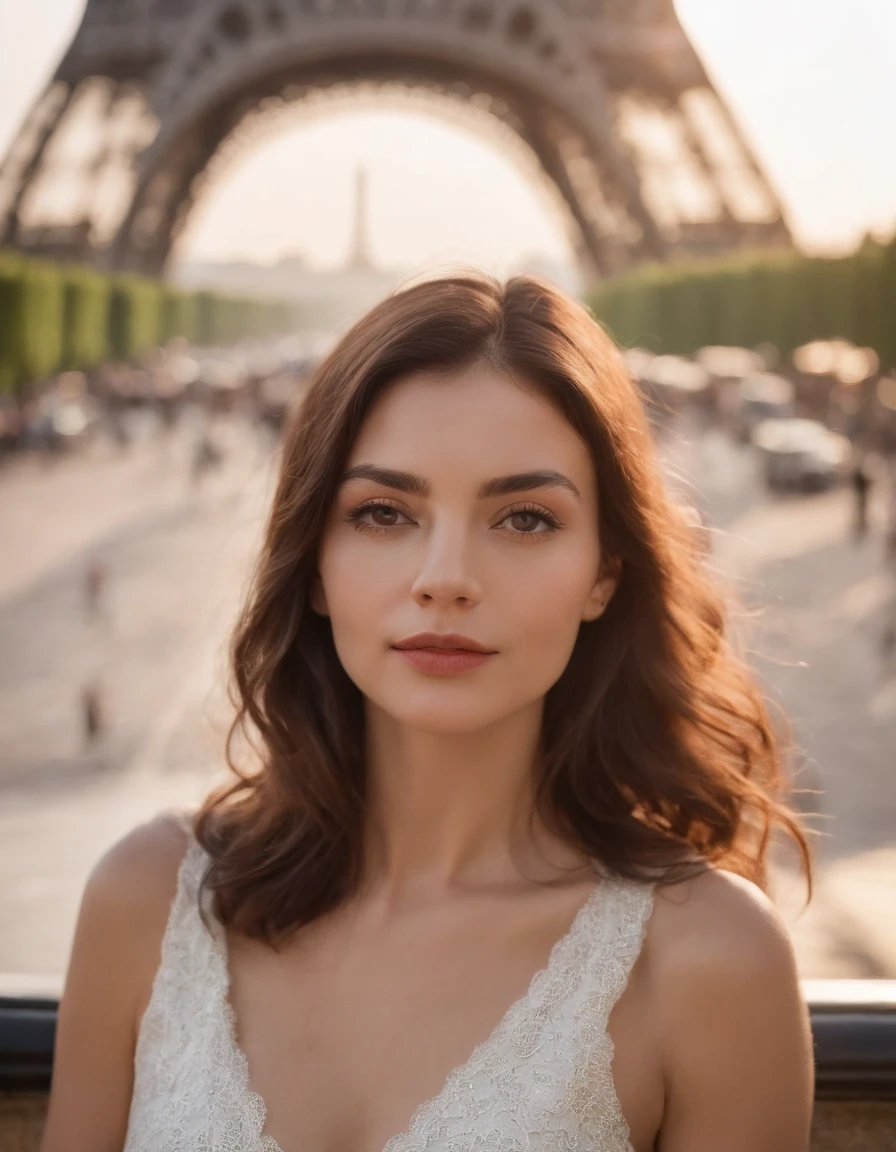magnificent masterpiece, ultra realistic, bearded French woman, medium long brown hair, amber eyes, large nose, in dress, on a bar terrace