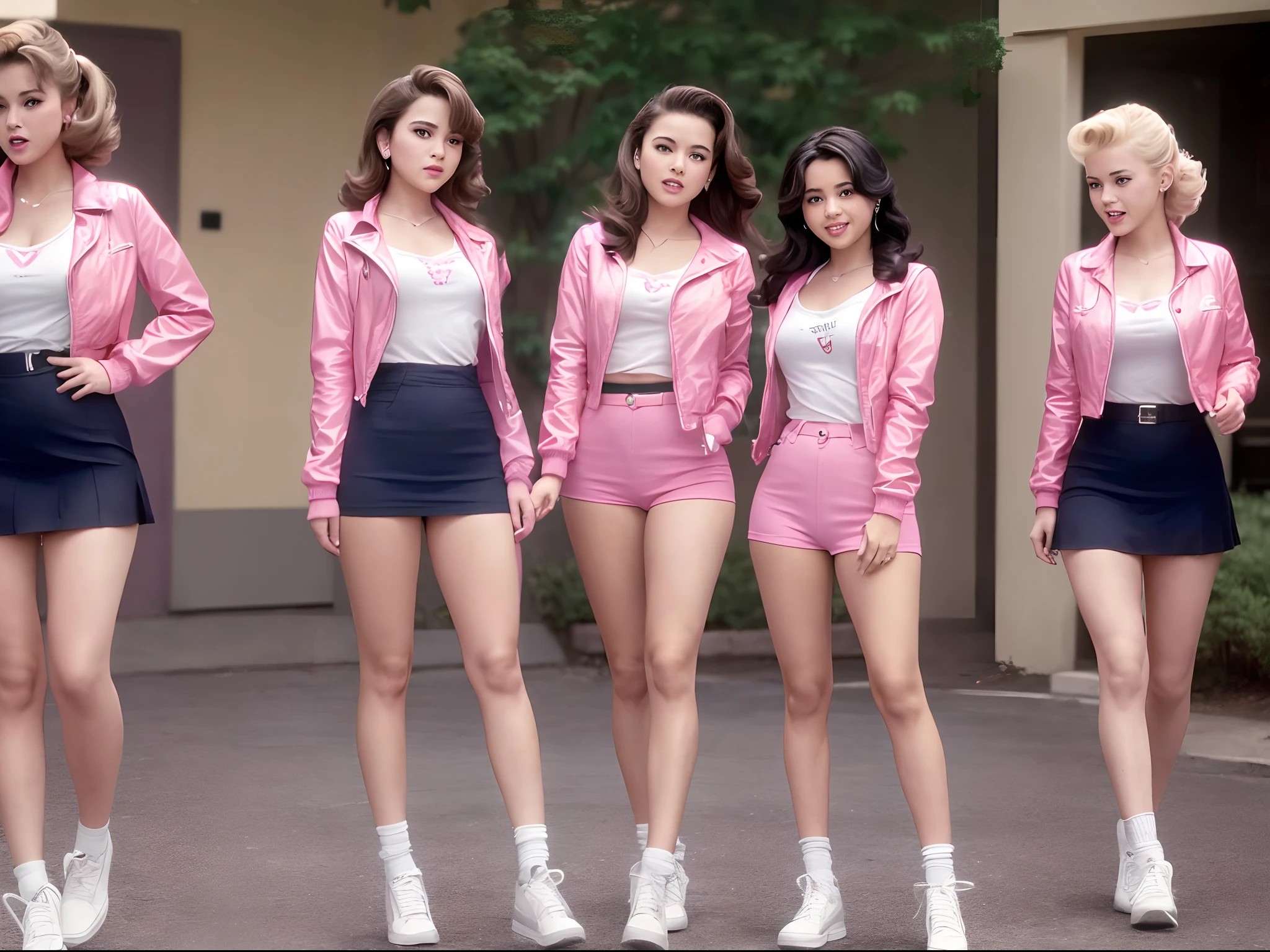 Rydell High School, 1955, Five beautiful girls wearing pink jackets holding pink light sabers, (best quality,4k,8k,highres,masterpiece:1.2),ultra-detailed,(realistic,photorealistic,photo-realistic:1.37)