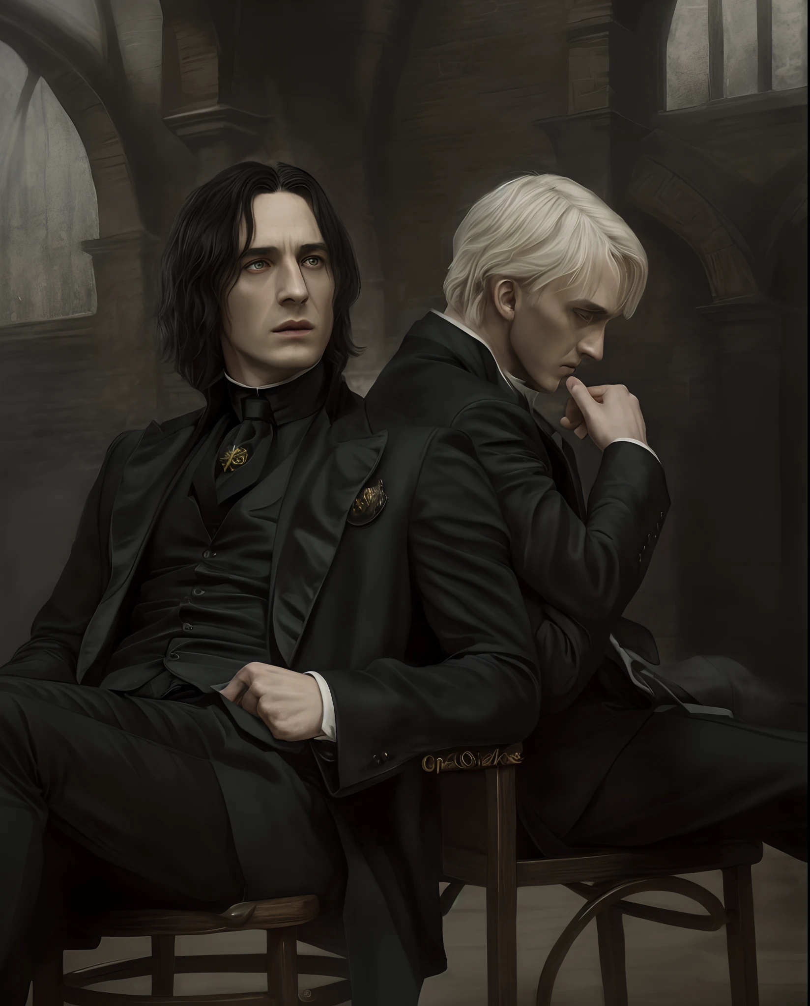 It's two men, die auf einem Stuhl sitzen, one wears a black suit, Similar to Malfoy, Drache, Severus Snape, Hochdetaillierte, exquisite Fanart, Darius Zawadzki und Tom Bagshaw, Harry Potter Portrait, Fan-Art, Dramatisches Kunstwerk, Detaillierte Fanart, Kunst von Harry Potter, HD-Grafik, Hyperrealistisch, Realistische Kunst