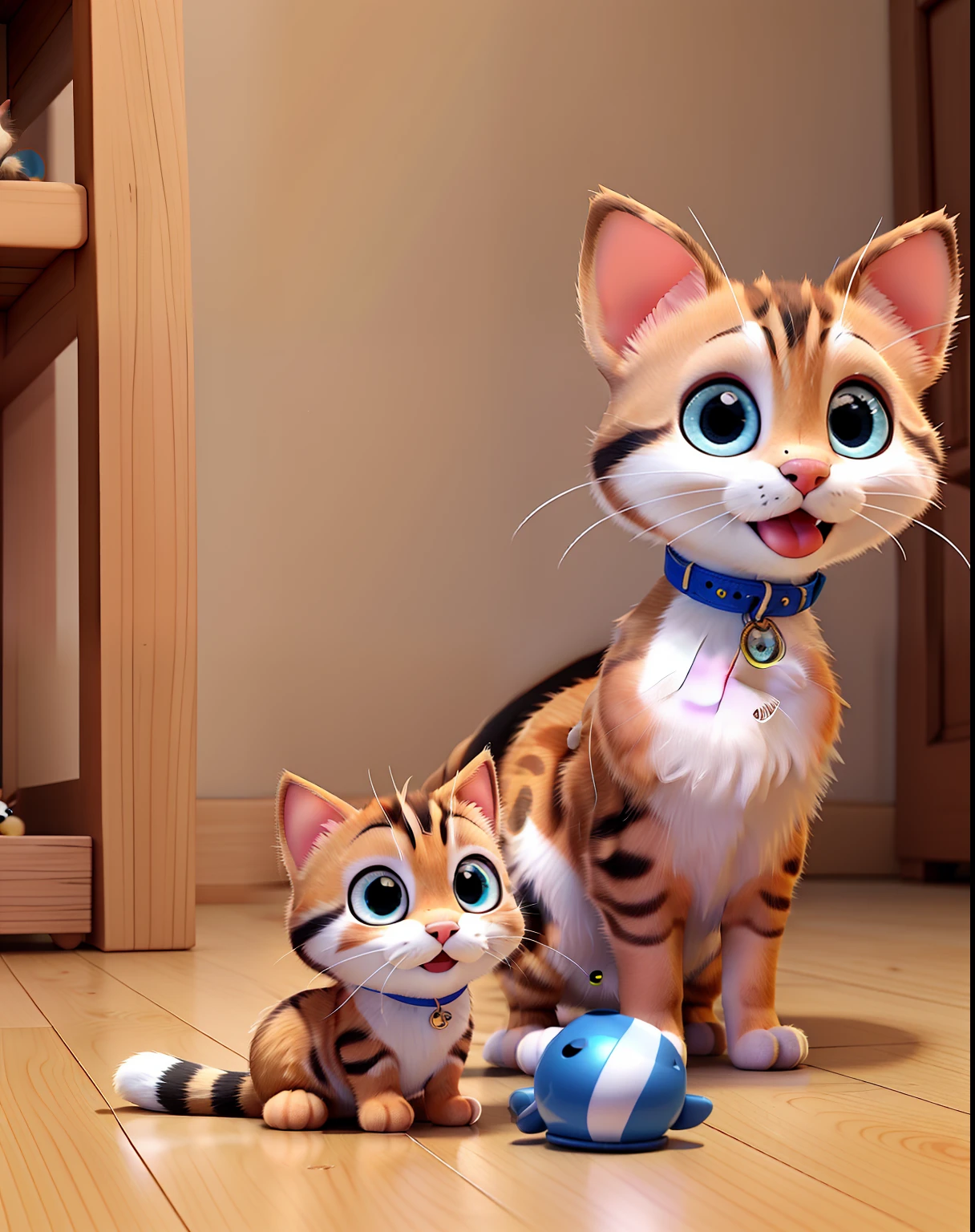 Disney Pixar style a small kitten sitting on the floor next to a people shoe, com orelhas pontudas, com olhos bonitos, an adorable kitten, com nariz estreito, Close to the camera, screaming at the camera