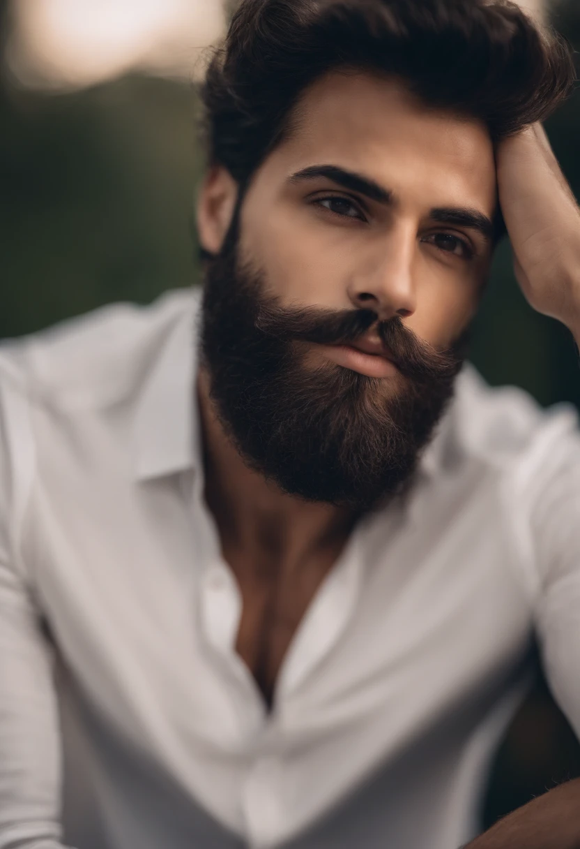 Homem de 20 anos com barba, peito peludo, ombros peludos, pelos esparsos no peito, cabelo, strong masculine features, homem muito atraente com barba, Homem barbudo bonito, Torso masculino parcialmente peludo, Barbu, colmo, masculine features, barba encaracolado, detalhes perfeitos, very realistic, olhos azuis, Characteristics of Arabic, Random Summer Outfits