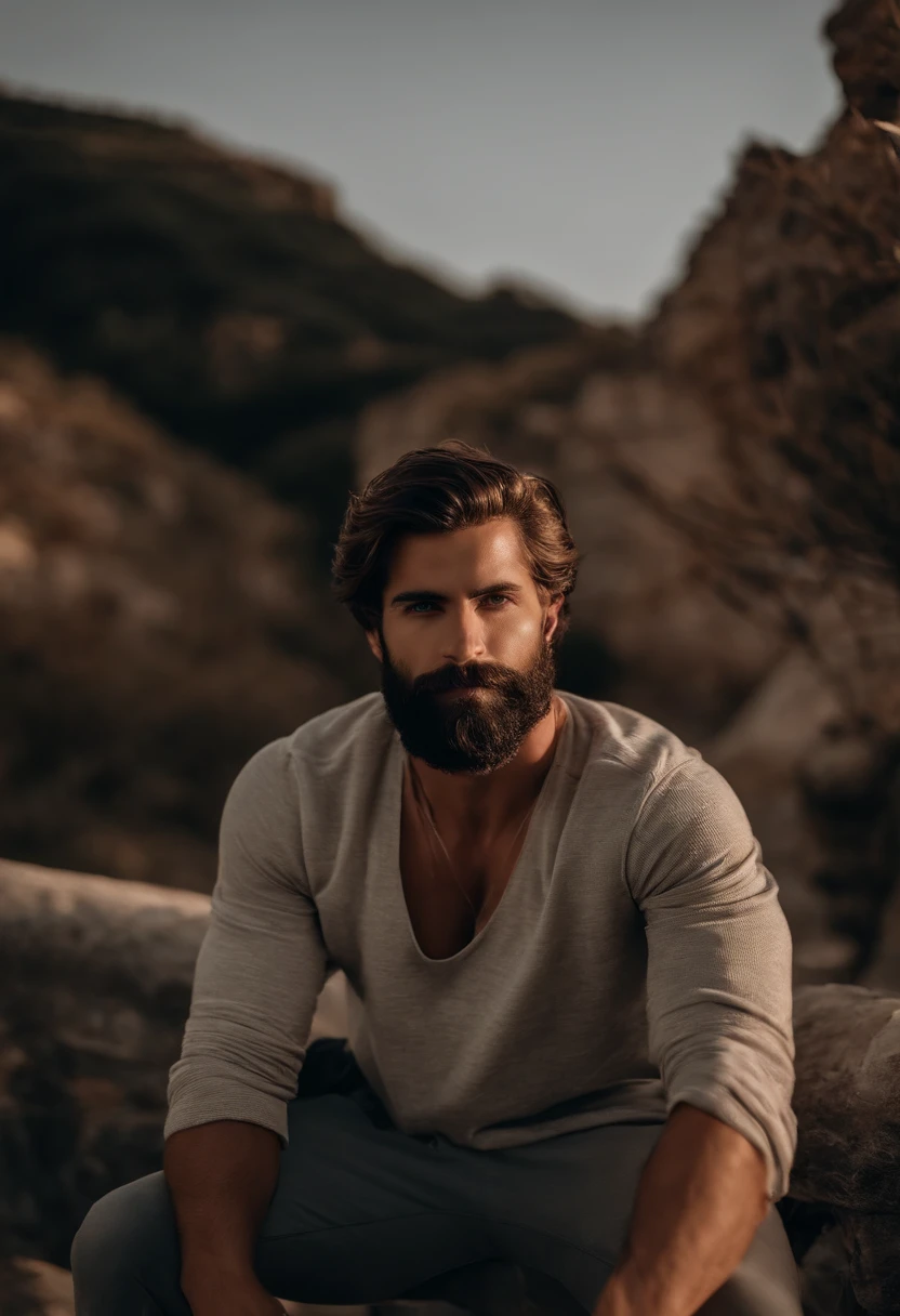 Homem de 20 anos com barba, peito peludo, ombros peludos, pelos esparsos no peito, cabelo, strong masculine features, homem muito atraente com barba, Homem barbudo bonito, Torso masculino parcialmente peludo, Barbu, colmo, masculine features, barba encaracolado, detalhes perfeitos, very realistic, olhos azuis, Characteristics of Arabic, Random Summer Outfits