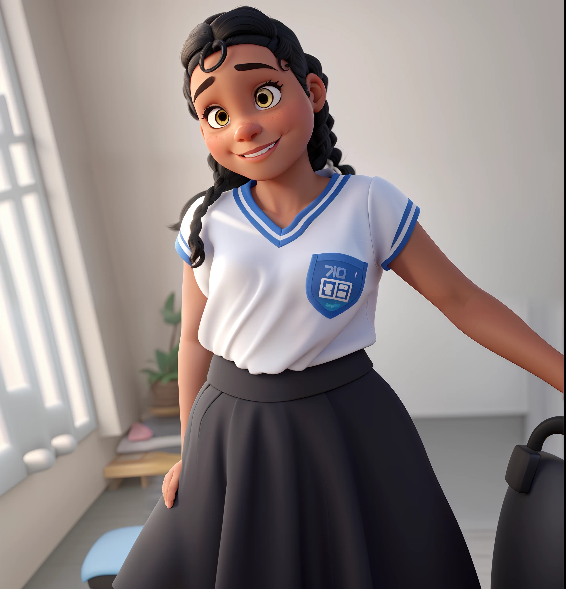 Uma menina estilo Disney pixar, negra, cabelo preto, olhos pretos