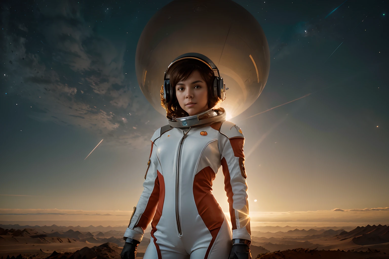 A painting of a beautiful woman in spacesuit in the same style and technique as Boris Vallejo would have painted it! The woman in spacesuit is standing on a peak of a hill on of a planet that reminds of mars. The landscape of the planet have a red tone and it´s sunset. The spacesuit is retro style and the helmet is mainly made of transparent glass. Behind the space girl there is a big planet in the sky. The planet is partly lit from below. The space girl also have a headset for communication. In the sky from a far distance a spaceship is visible.