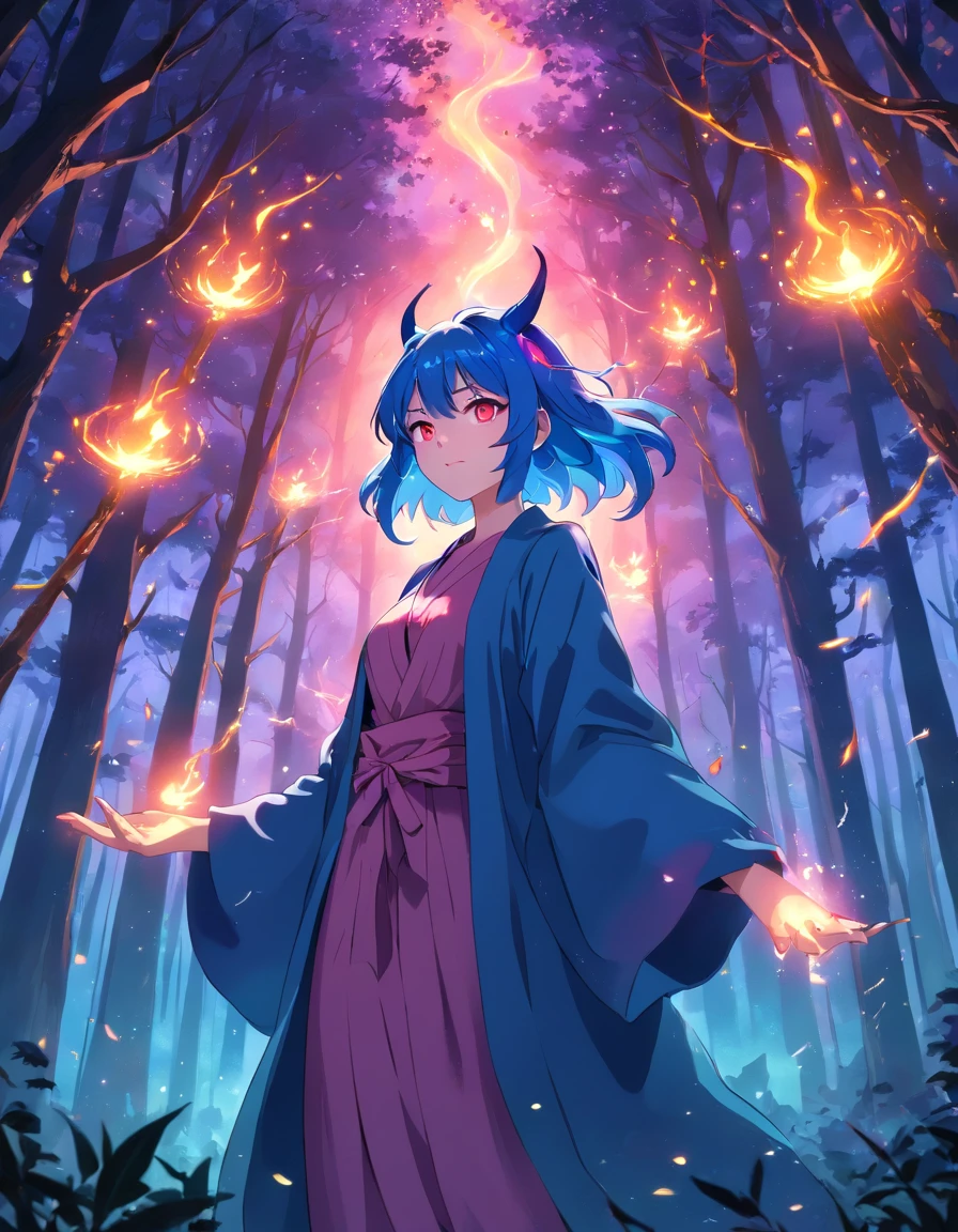 (a blue-haired demon woman,spells:1.1,glowing:1.1)(illustration)(best quality,ultra-detailed,realistic:1.37),demonic witch(demonic:1.1)(magic:1.1)(forest)(dark and mysterious,ominous atmosphere),casting powerful spells,creating magical energy(magic:1.1),vibrant pink hair(swirling pink hair)(flowing pink hair),horns(devil horns:1.1),piercing red eyes,enchanted scepter(magical scepter),elaborate dark robe,glowing magical sigils,fiery embers swirling(magical embers:1.1)(glowing embers),magical aura(glowing aura),eerie shadows,otherworldly presence(presence),sinister smile,nightfall in the background(dark night:1.1)(moonlit forest),lush and dense foliage(twisted trees)(mystical plants:1.1),mystical particles(swirling particles)(floating particles),ethereal glow(ethereal:1.1)(soft glow),faint moonlight breaking through the trees,haunting and captivating(scary atmosphere),bewitching beauty,wide range of colors(vivid colors)(contrasting colors),mystical realm,impressive details,dynamic composition,mesmerizing artwork,photorealistic style(picasso style),impressive shading and lighting,explosive energy,magical atmosphere(fantasy atmosphere),dreamlike scene