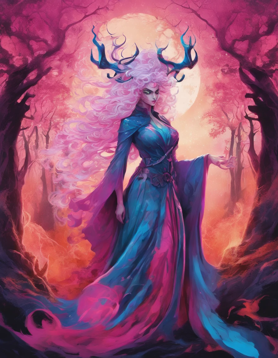 (a blue-haired demon woman,spells:1.1,glowing:1.1)(illustration)(best quality,ultra-detailed,realistic:1.37),demonic witch(demonic:1.1)(magic:1.1)(forest)(dark and mysterious,ominous atmosphere),casting powerful spells,creating magical energy(magic:1.1),vibrant pink hair(swirling pink hair)(flowing pink hair),horns(devil horns:1.1),piercing red eyes,enchanted scepter(magical scepter),elaborate dark robe,glowing magical sigils,fiery embers swirling(magical embers:1.1)(glowing embers),magical aura(glowing aura),eerie shadows,otherworldly presence(presence),sinister smile,nightfall in the background(dark night:1.1)(moonlit forest),lush and dense foliage(twisted trees)(mystical plants:1.1),mystical particles(swirling particles)(floating particles),ethereal glow(ethereal:1.1)(soft glow),faint moonlight breaking through the trees,haunting and captivating(scary atmosphere),bewitching beauty,wide range of colors(vivid colors)(contrasting colors),mystical realm,impressive details,dynamic composition,mesmerizing artwork,photorealistic style(picasso style),impressive shading and lighting,explosive energy,magical atmosphere(fantasy atmosphere),dreamlike scene