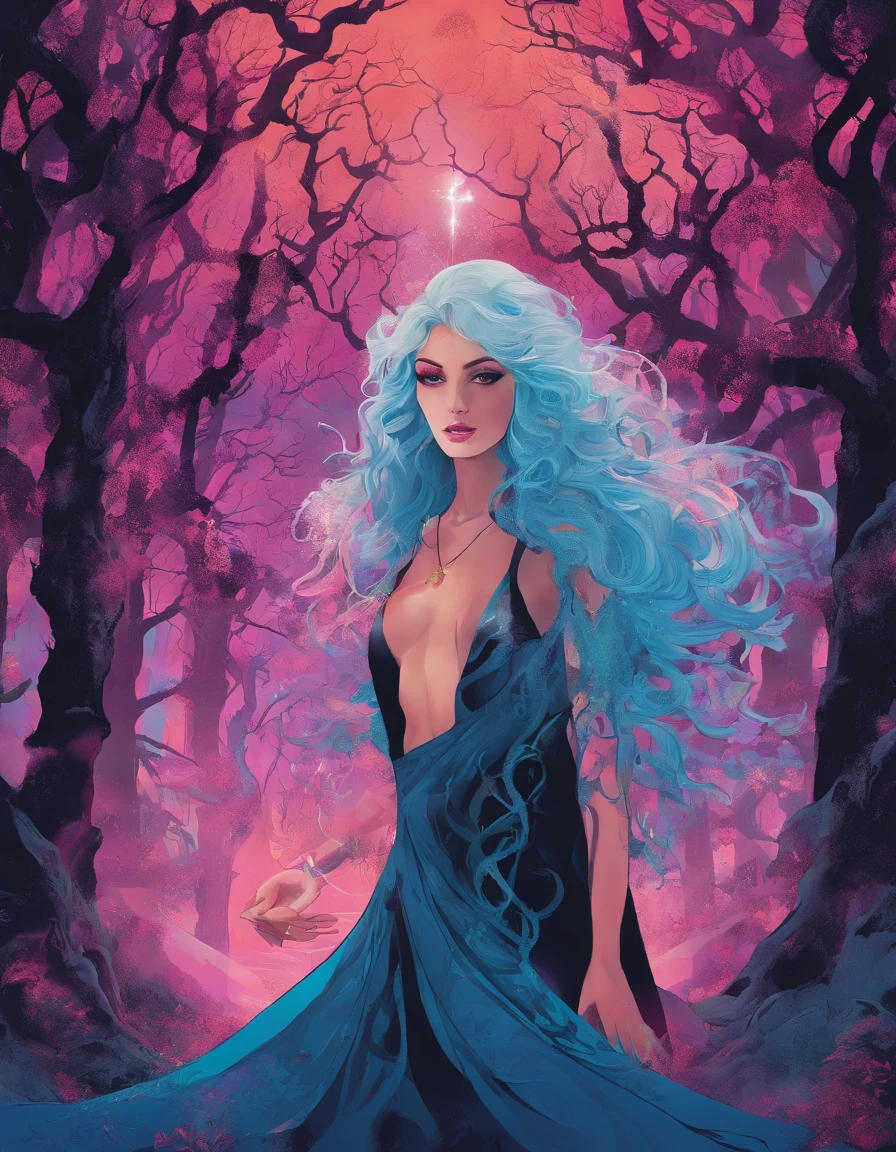 (a blue-haired demon woman,spells:1.1,glowing:1.1)(illustration)(best quality,ultra-detailed,realistic:1.37),demonic witch(demonic:1.1)(magic:1.1)(forest)(dark and mysterious,ominous atmosphere),casting powerful spells,creating magical energy(magic:1.1),vibrant pink hair(swirling pink hair)(flowing pink hair),horns(devil horns:1.1),piercing red eyes,enchanted scepter(magical scepter),elaborate dark robe,glowing magical sigils,fiery embers swirling(magical embers:1.1)(glowing embers),magical aura(glowing aura),eerie shadows,otherworldly presence(presence),sinister smile,nightfall in the background(dark night:1.1)(moonlit forest),lush and dense foliage(twisted trees)(mystical plants:1.1),mystical particles(swirling particles)(floating particles),ethereal glow(ethereal:1.1)(soft glow),faint moonlight breaking through the trees,haunting and captivating(scary atmosphere),bewitching beauty,wide range of colors(vivid colors)(contrasting colors),mystical realm,impressive details,dynamic composition,mesmerizing artwork,photorealistic style(picasso style),impressive shading and lighting,explosive energy,magical atmosphere(fantasy atmosphere),dreamlike scene