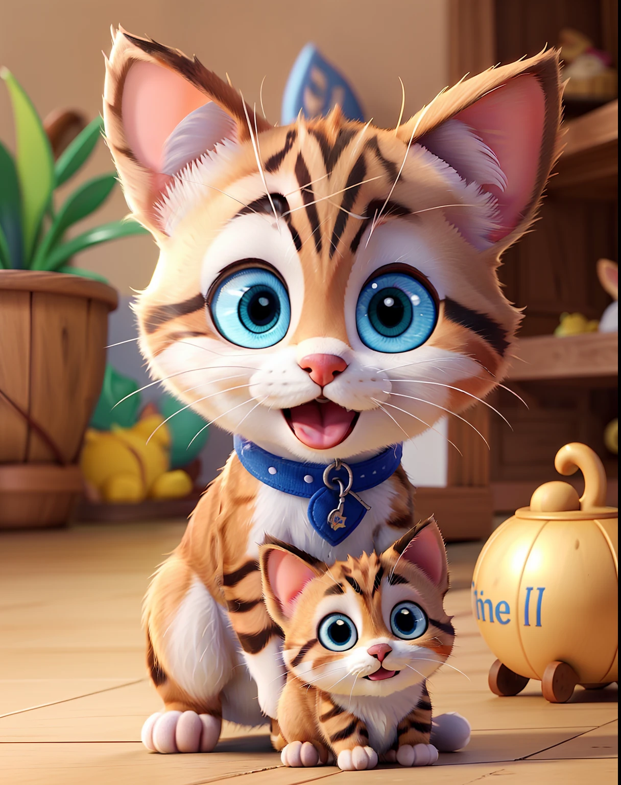 Disney Pixar style a small kitten sitting on the floor next to a people shoe, com orelhas pontudas, com olhos bonitos, an adorable kitten, com nariz estreito, Close to the camera, screaming at the camera
