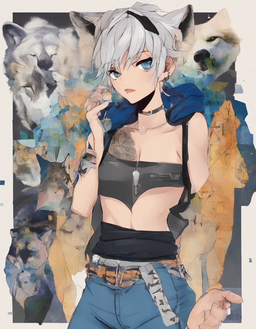 male, Short, has Long white hair, has wolf ears, has wolf tail, has blue eyes, wearing denim short shorts, thigh high fishnets, black combat boots, wearing cropped black hoodie, flat chest, super flat chest, solo femboy, only one femboy ((FLAT CHEST)) (ALONE)(SOLO) Alone, solo, wide hips, thicc thighs, male, is male