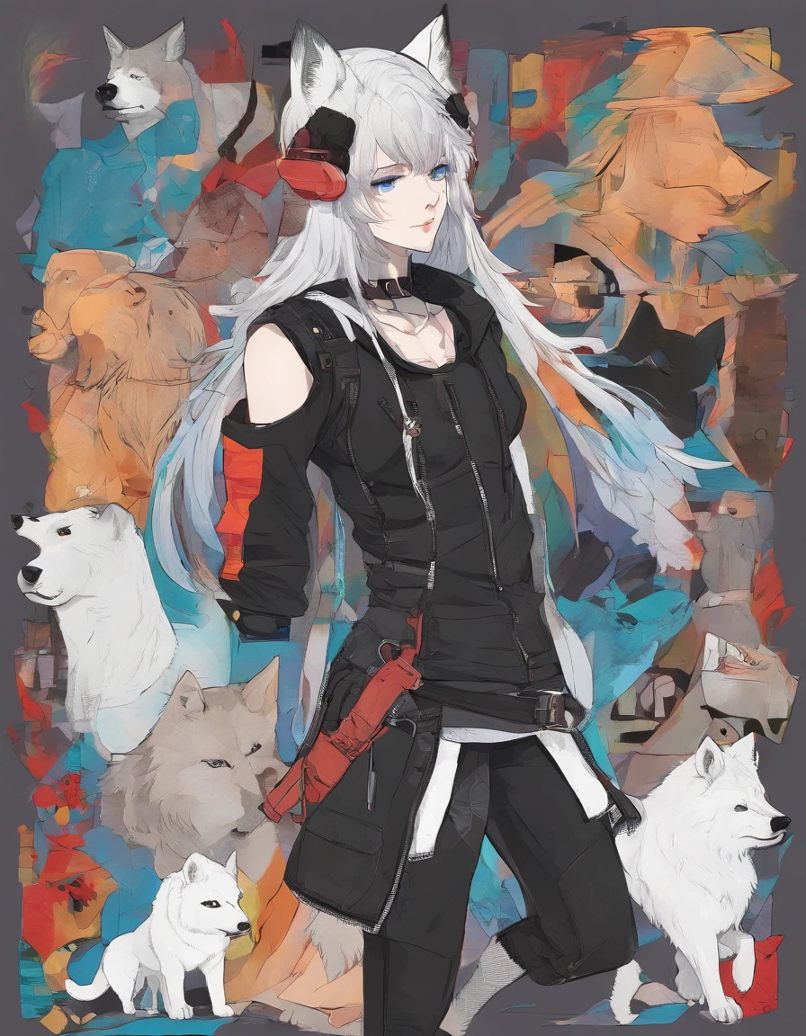 male, Short, has Long white hair, has wolf ears, has wolf tail, has blue eyes, wearing denim short shorts, thigh high fishnets, black combat boots, wearing cropped black hoodie, flat chest, super flat chest, solo femboy, only one femboy ((FLAT CHEST)) (ALONE)(SOLO) Alone, solo, wide hips, thicc thighs, male, is male