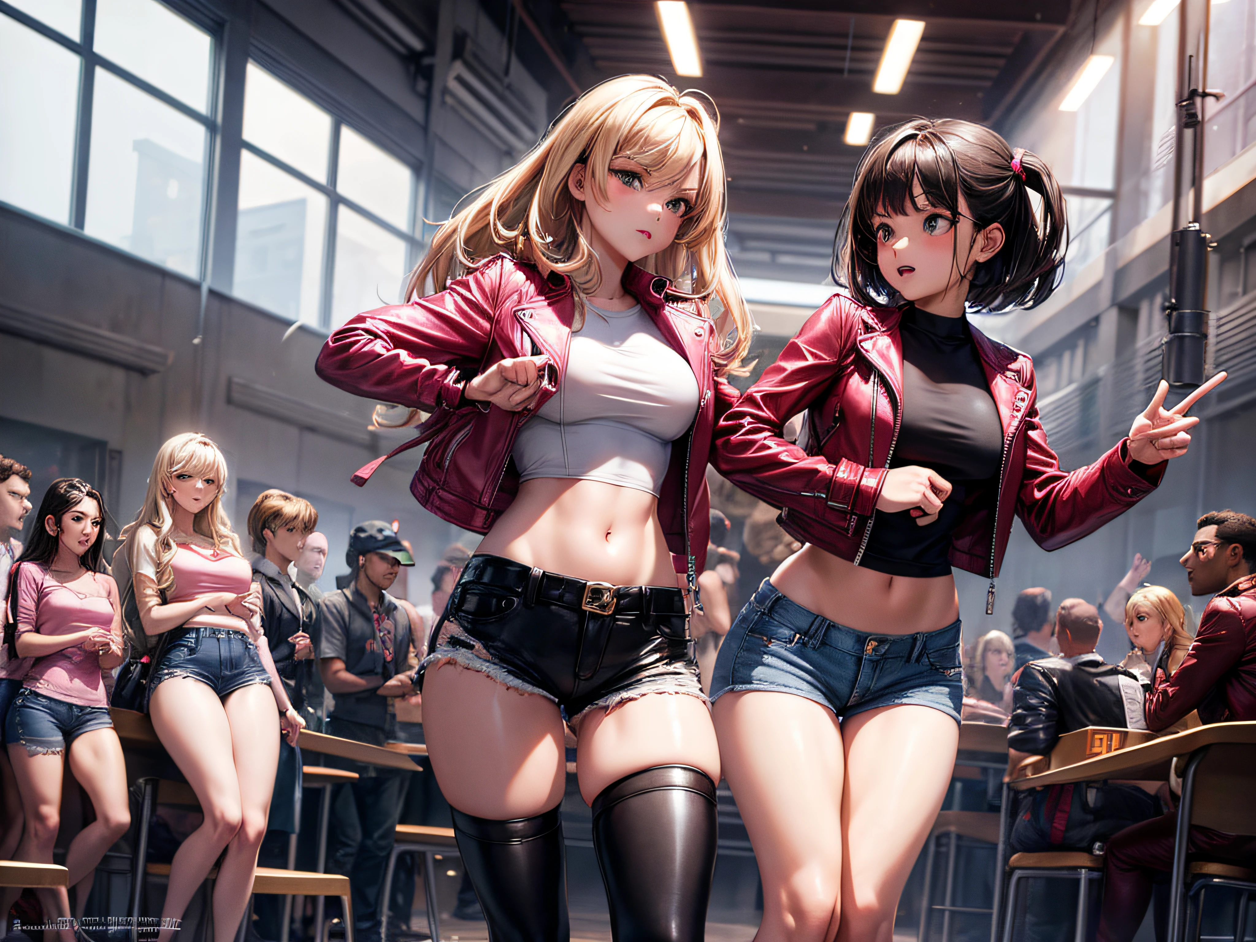 sexy ladies dressed in pink leather jackets, daisy dukes shorts, armed with laser swords doing battle with monsters in a 1950's high school cafeteria